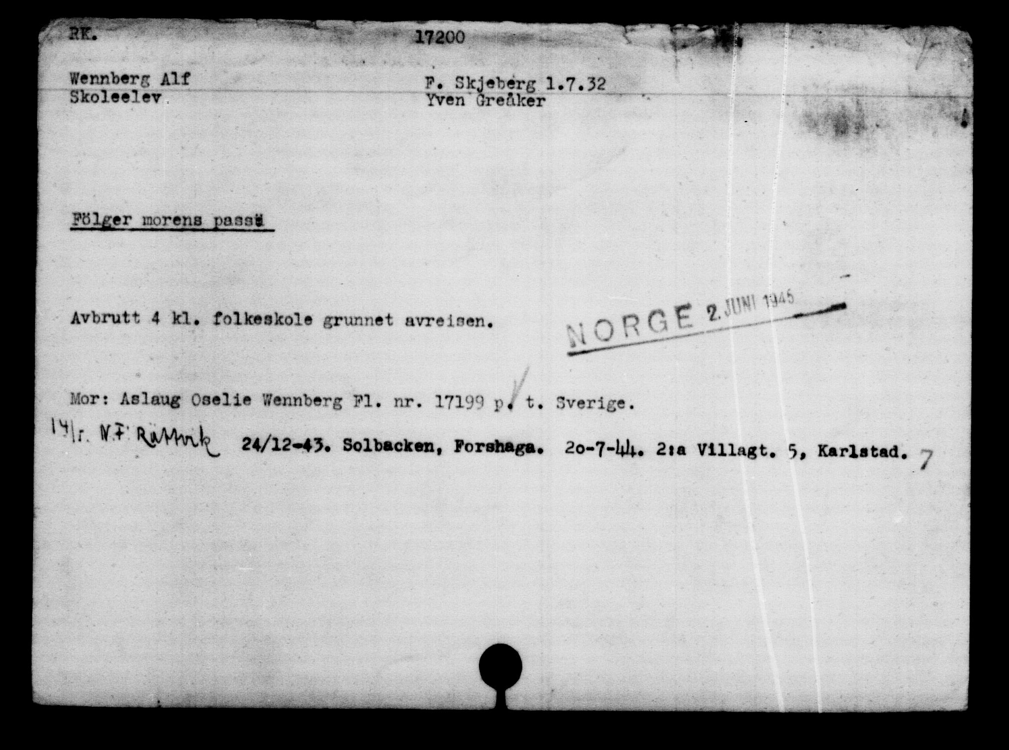 Utenriksstasjonene, Legasjonen i Stockholm, Flyktningkontoret, AV/RA-S-6753/V/Va/L0008: Kjesäterkartoteket, flyktninger med registreringsnr. 15700-18547, 1940-1945, s. 1651