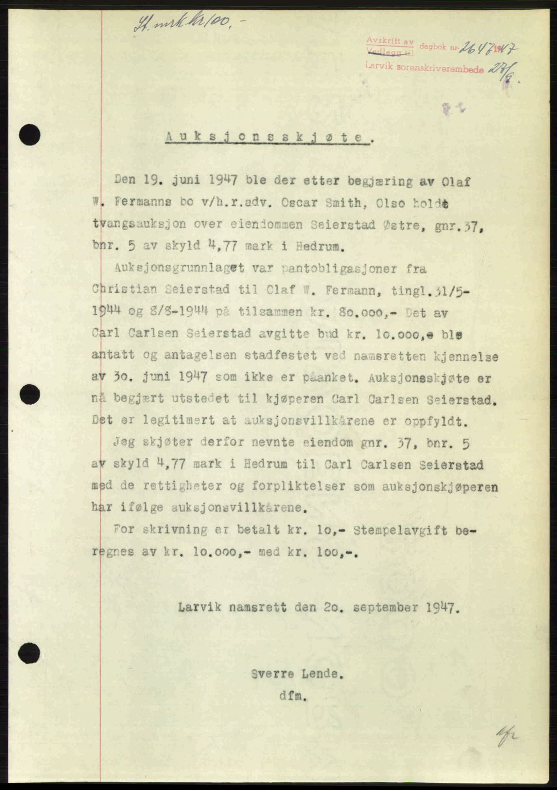 Larvik sorenskriveri, SAKO/A-83/G/Ga/Gab/L0085: Pantebok nr. A-19, 1947-1948, Dagboknr: 2647/1947