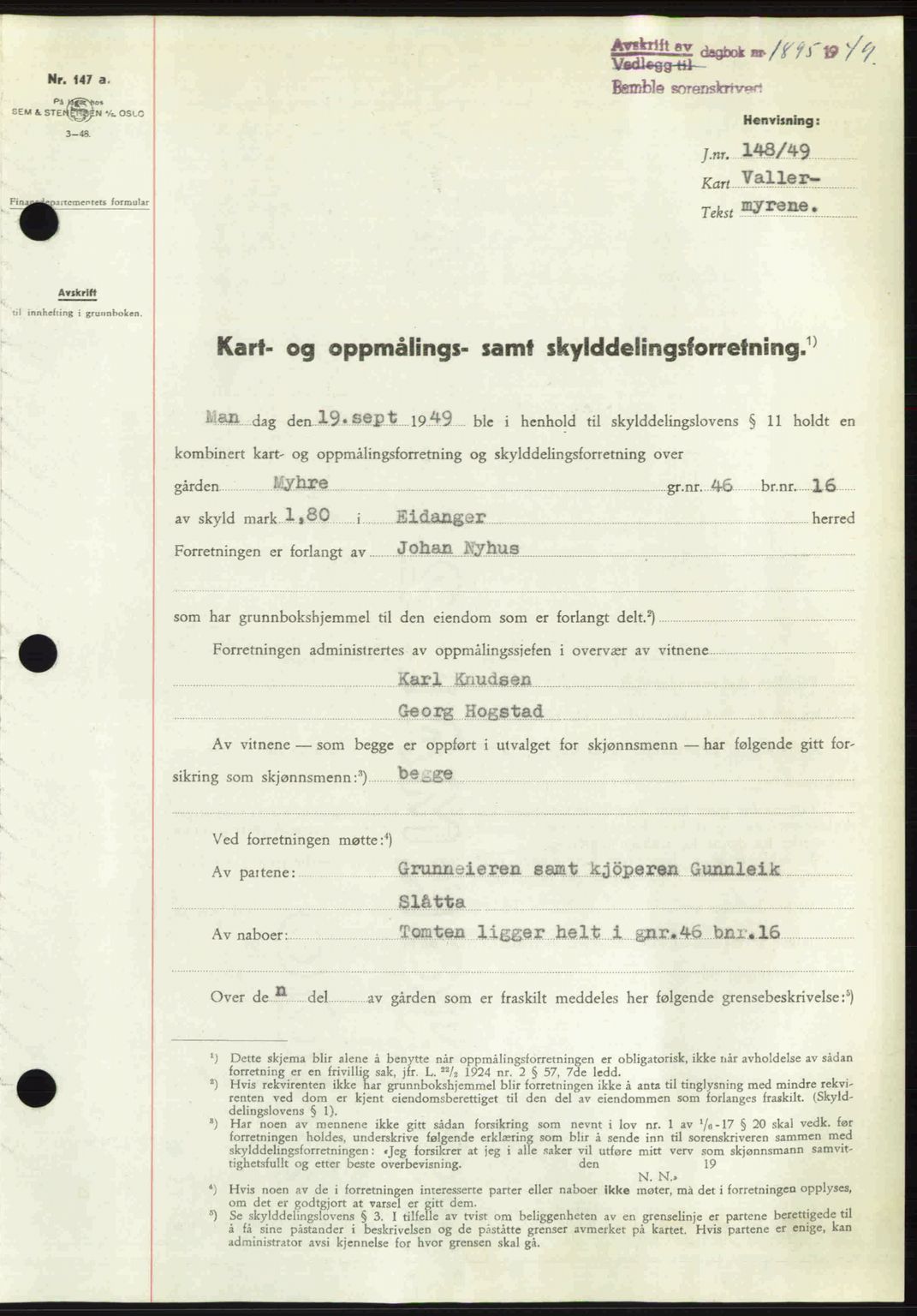 Bamble sorenskriveri, SAKO/A-214/G/Ga/Gag/L0015: Pantebok nr. A-15, 1949-1949, Dagboknr: 1895/1949