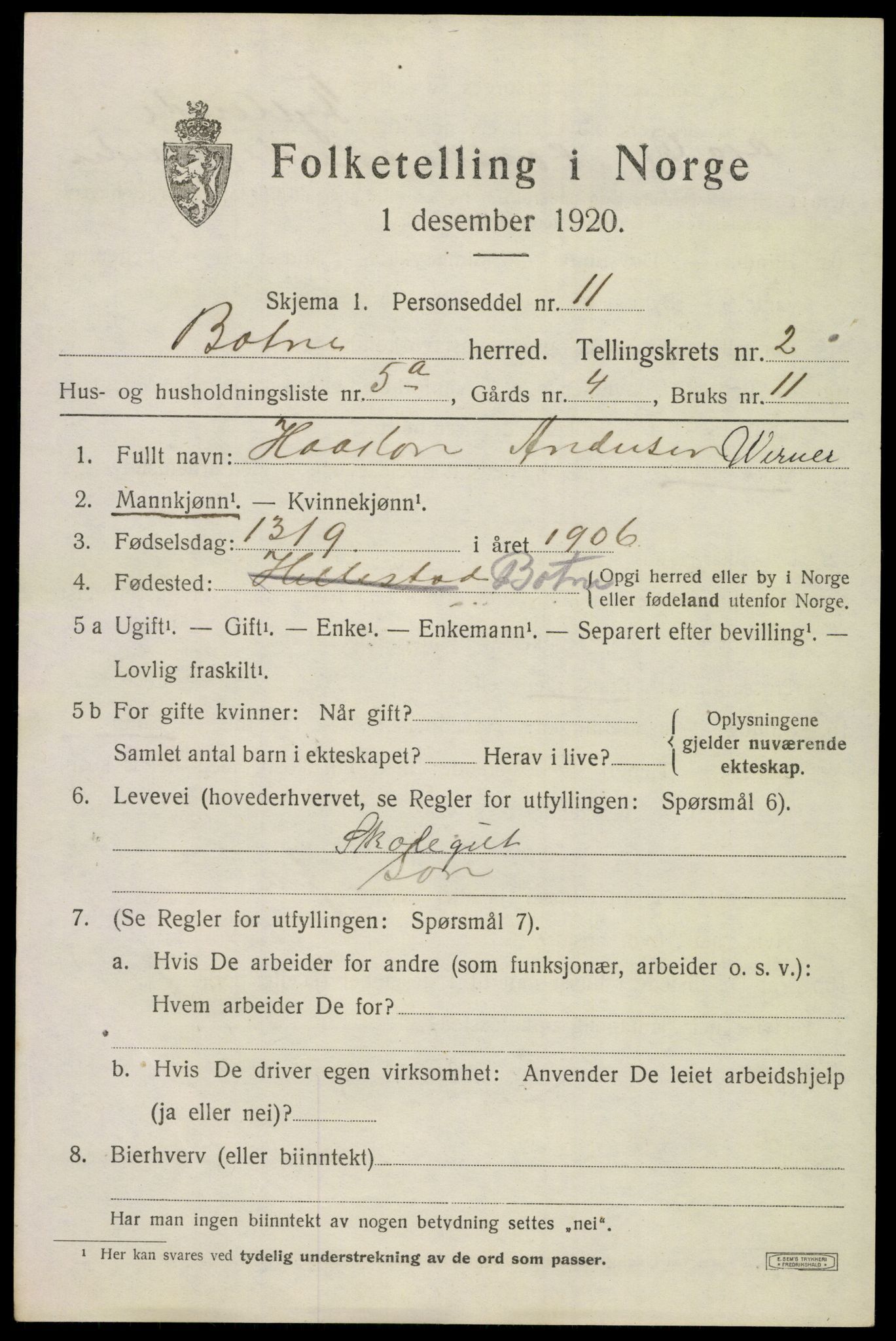 SAKO, Folketelling 1920 for 0715 Botne herred, 1920, s. 2255