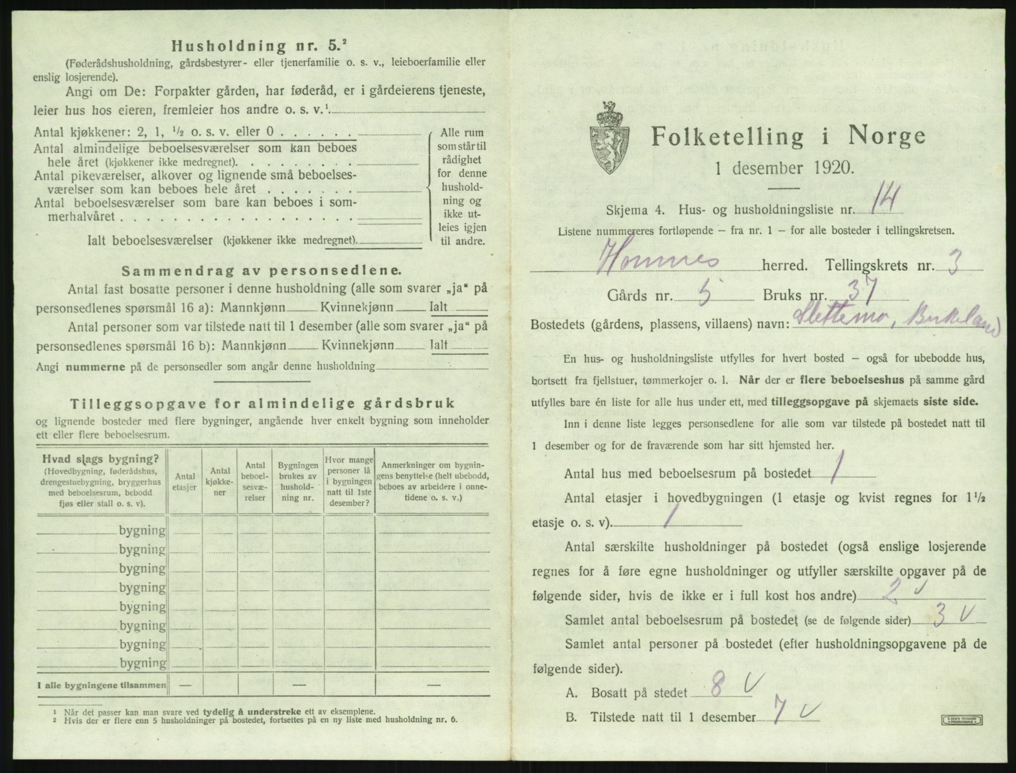 SAK, Folketelling 1920 for 0936 Hornnes herred, 1920, s. 143