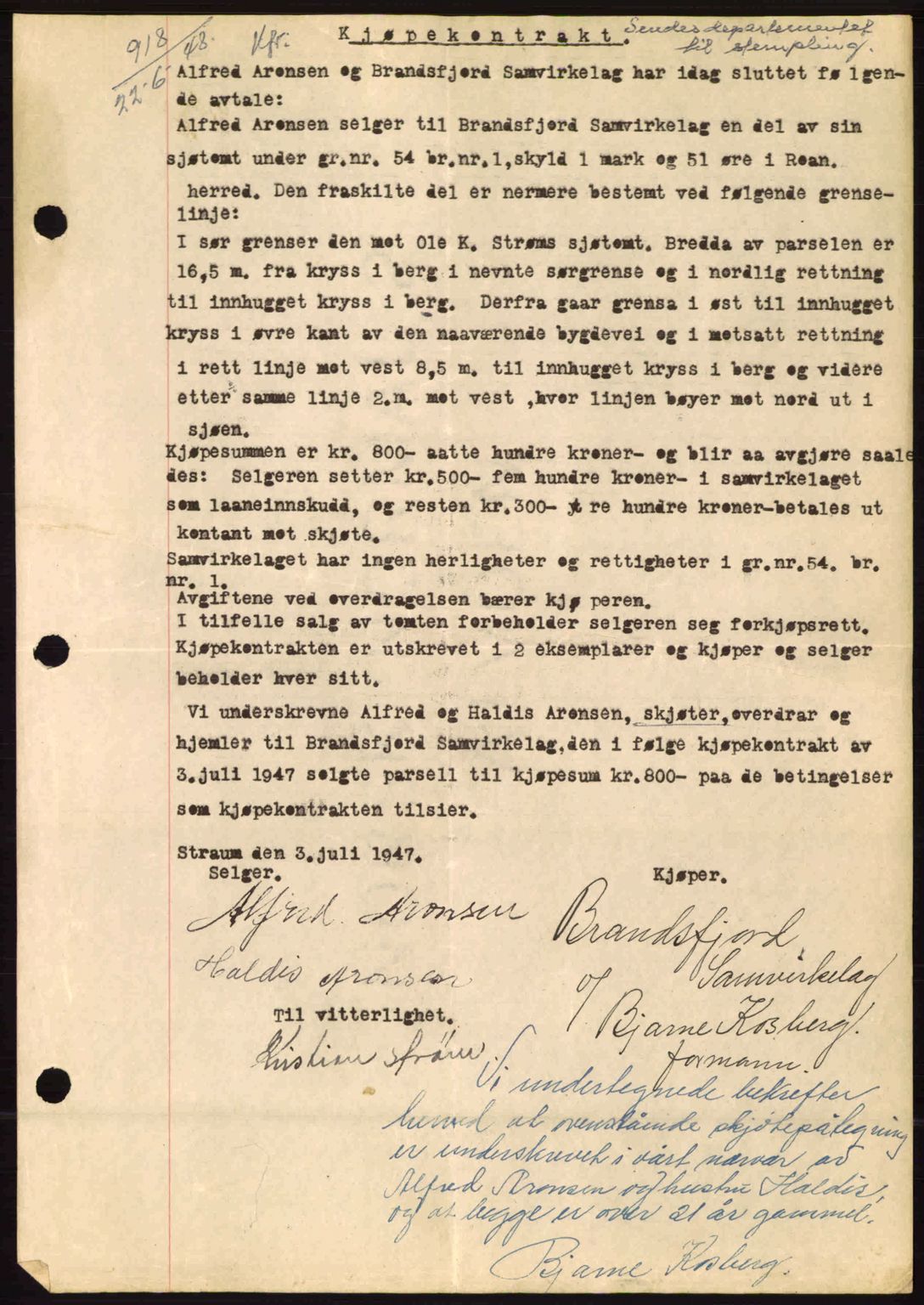 Fosen sorenskriveri, AV/SAT-A-1107/1/2/2C: Pantebok nr. A8, 1948-1948, Dagboknr: 918/1948