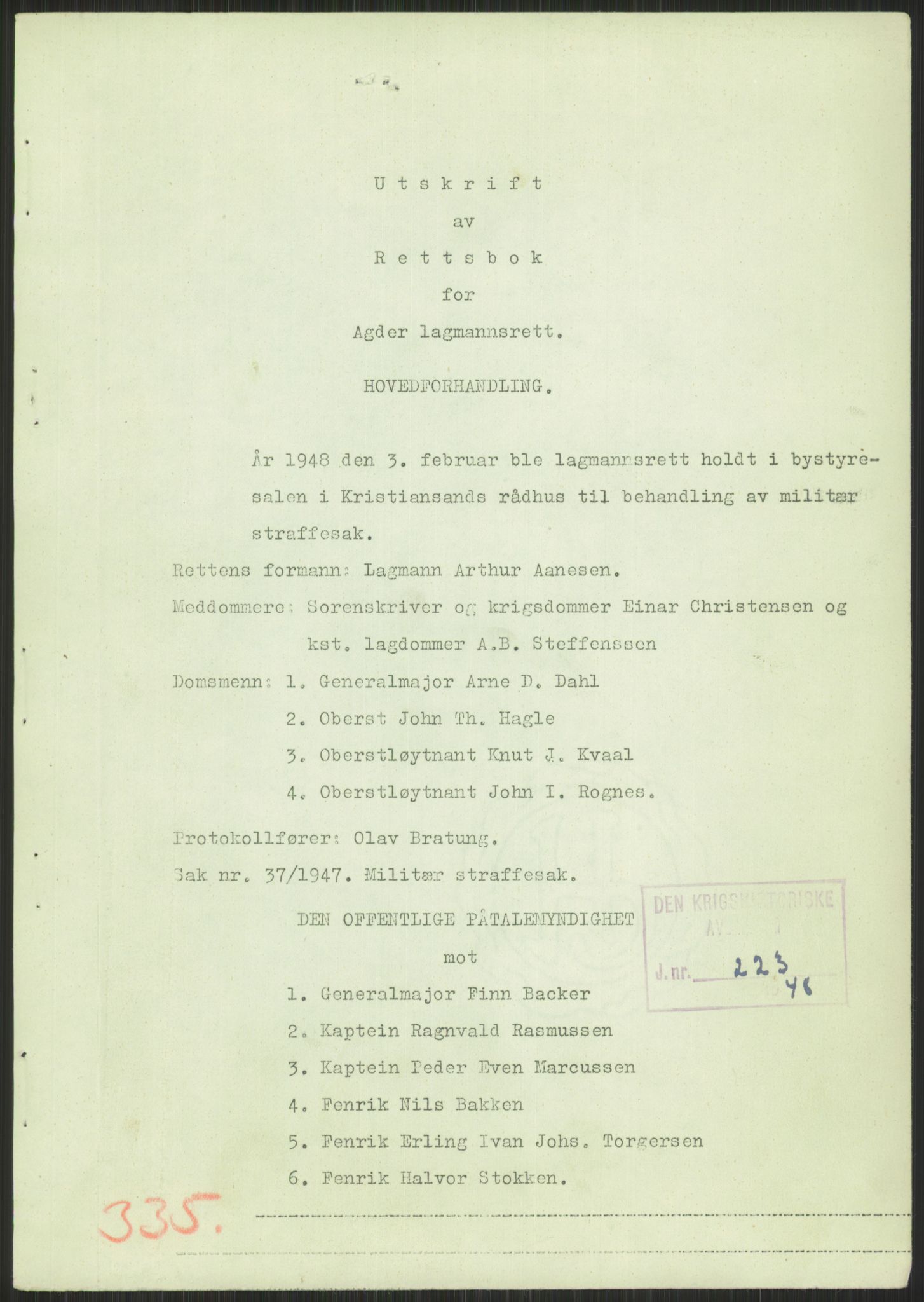 Forsvaret, Forsvarets krigshistoriske avdeling, RA/RAFA-2017/Y/Yb/L0094: II-C-11-335  -  3. Divisjon.  Sak mot general Finn Backer m.fl., 1940-1948