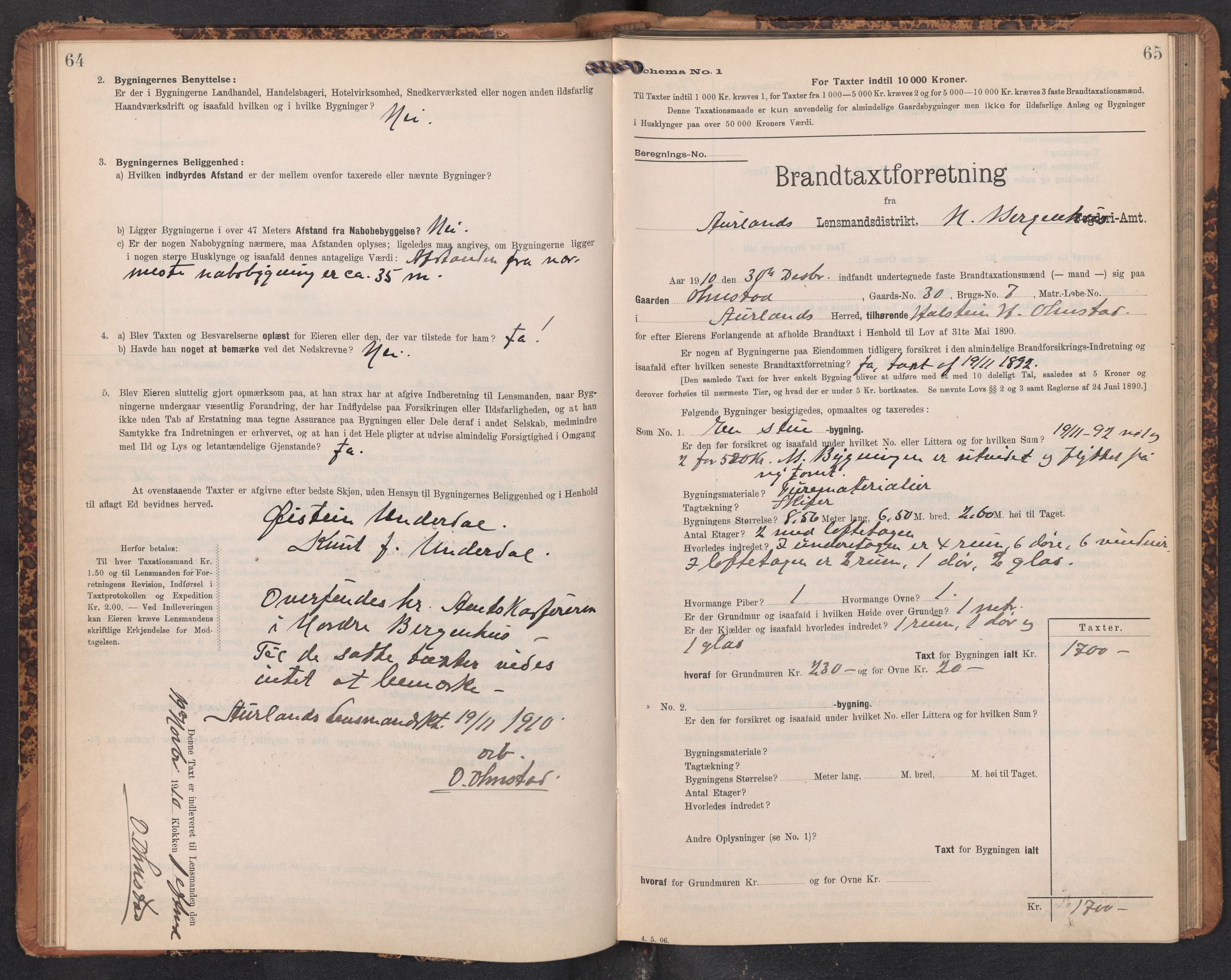 Lensmannen i Aurland, SAB/A-26401/0012/L0005: Branntakstprotokoll, skjematakst, 1909-1916, s. 64-65