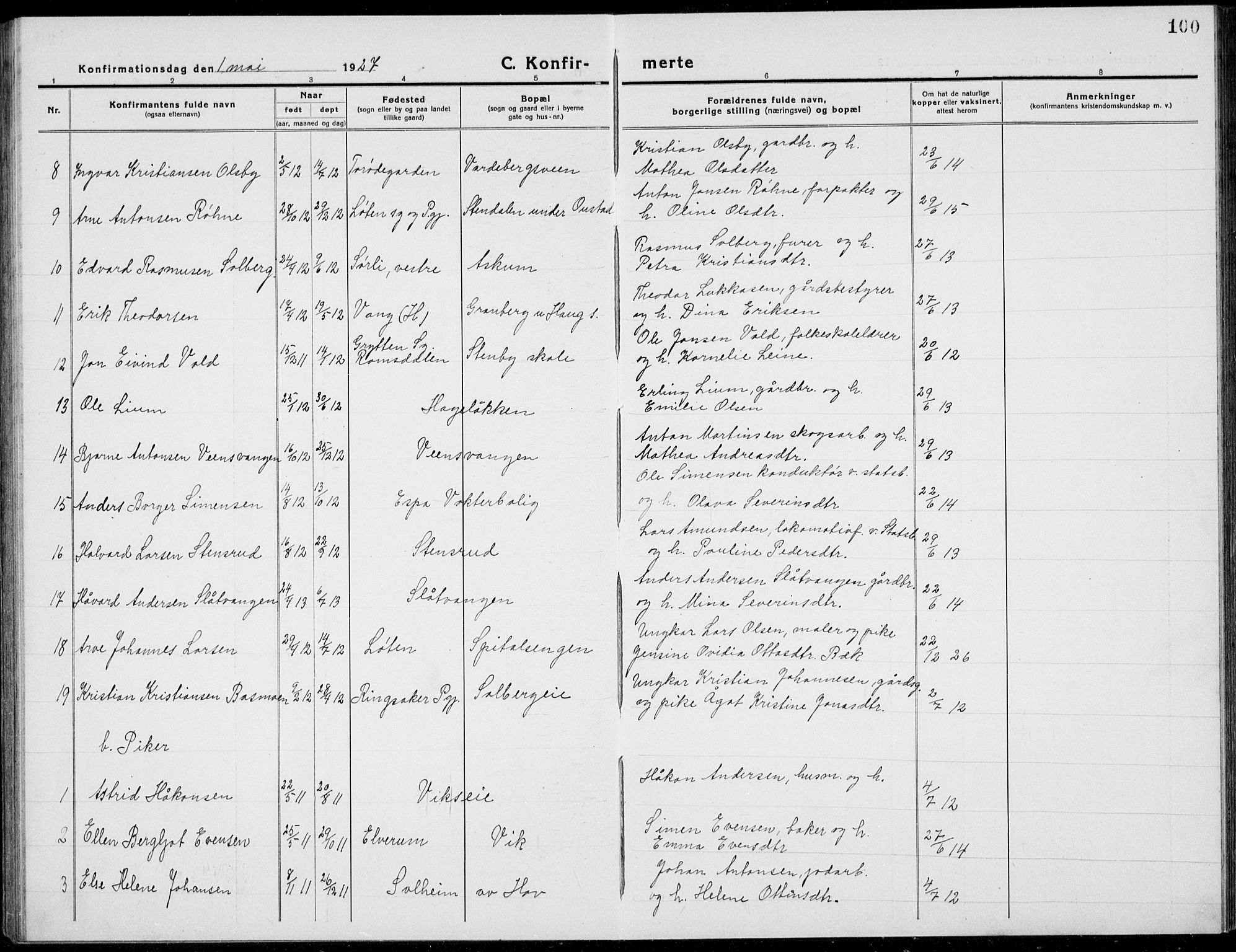 Stange prestekontor, AV/SAH-PREST-002/L/L0017: Klokkerbok nr. 17, 1918-1936, s. 100
