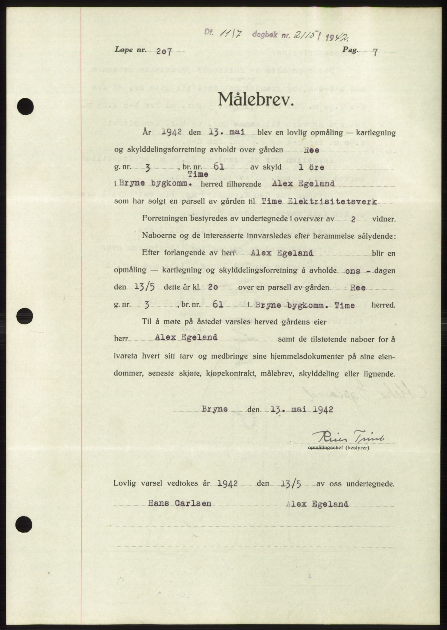Jæren sorenskriveri, SAST/A-100310/03/G/Gba/L0083: Pantebok, 1942-1942, Dagboknr: 2115/1942