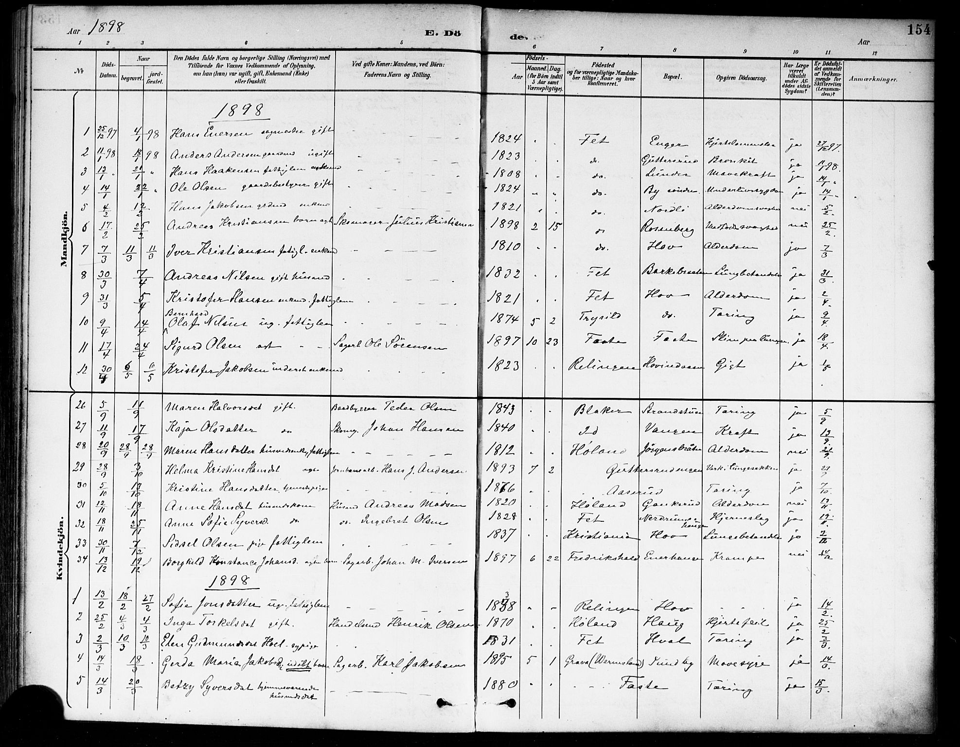 Fet prestekontor Kirkebøker, AV/SAO-A-10370a/F/Fa/L0015: Ministerialbok nr. I 15, 1892-1904, s. 154