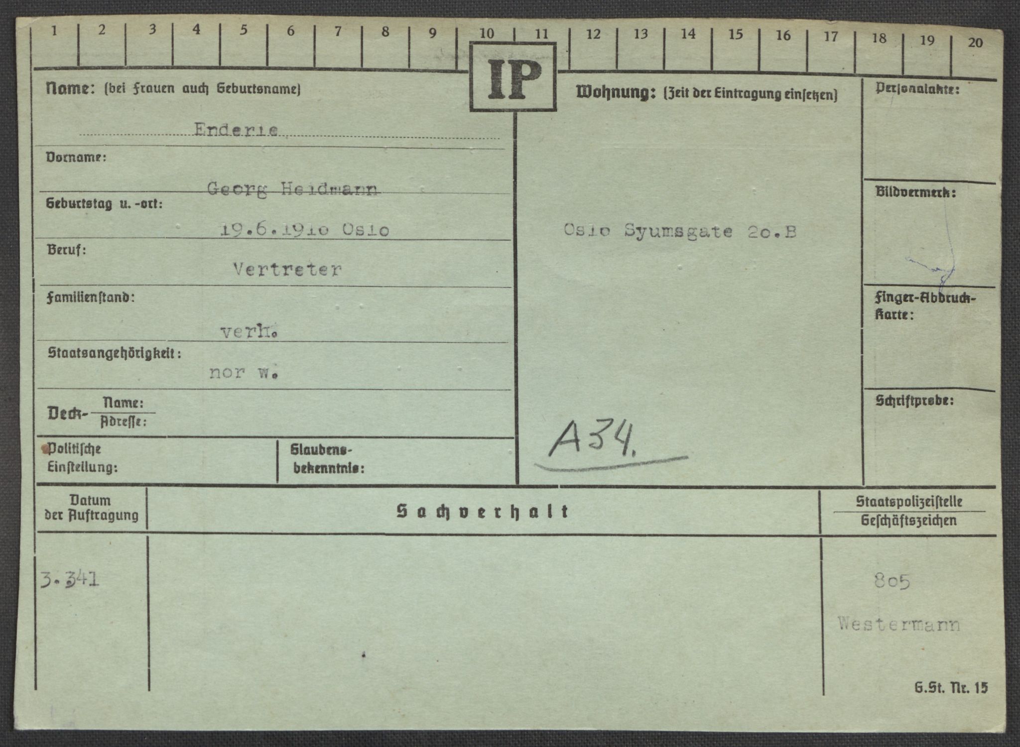 Befehlshaber der Sicherheitspolizei und des SD, RA/RAFA-5969/E/Ea/Eaa/L0002: Register over norske fanger i Møllergata 19: Bj-Eng, 1940-1945, s. 1339