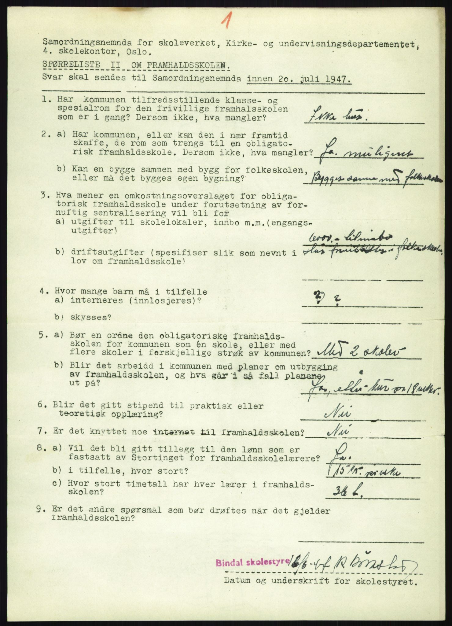 Kirke- og undervisningsdepartementet, Samordningsnemnda for skoleverket, AV/RA-S-1146/D/L0008: Svar på spørreskjema fra kommuner i Nord-Trøndelag, Nordland, Troms og Finnmark, 1947, s. 477