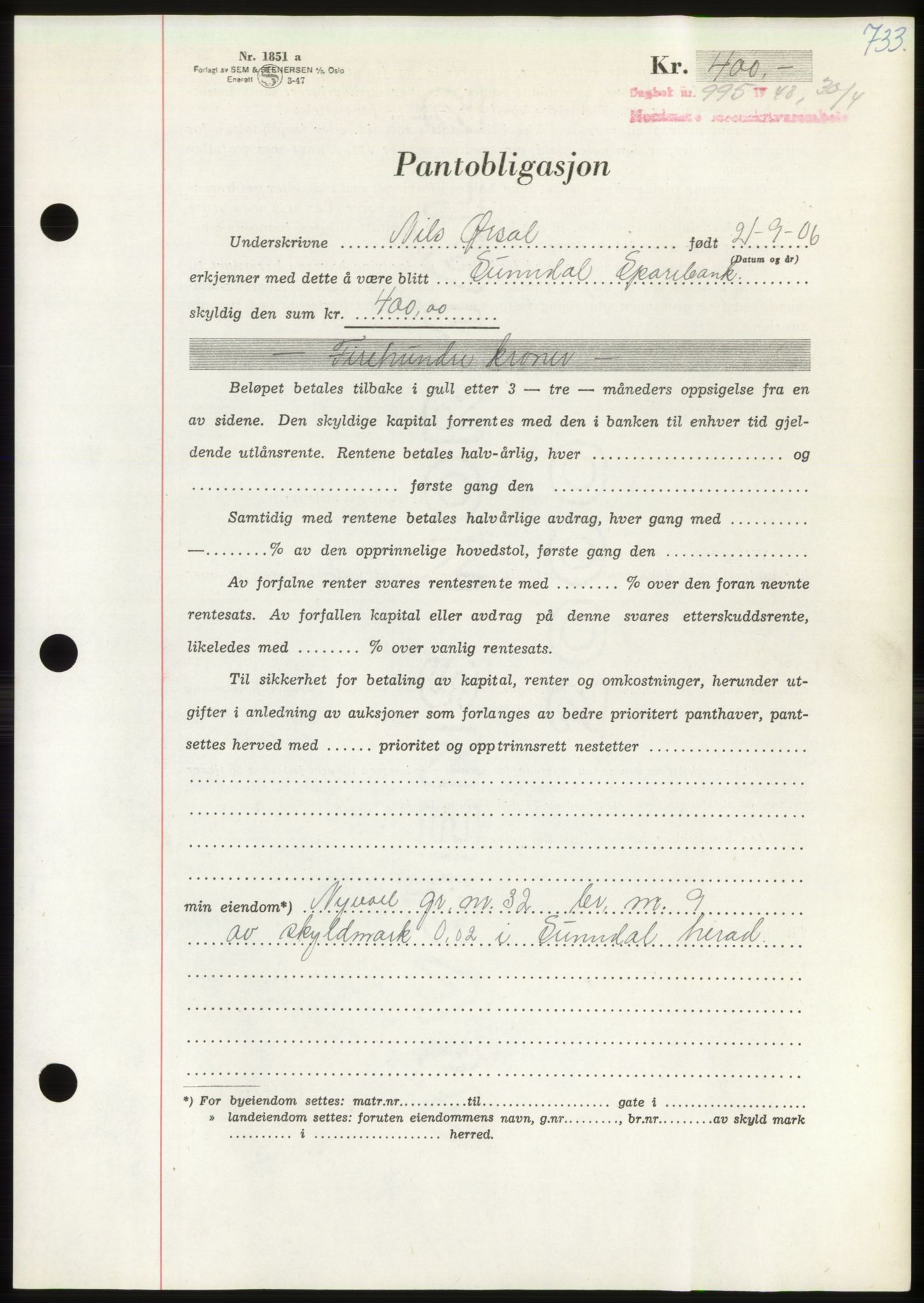 Nordmøre sorenskriveri, SAT/A-4132/1/2/2Ca: Pantebok nr. B98, 1948-1948, Dagboknr: 995/1948