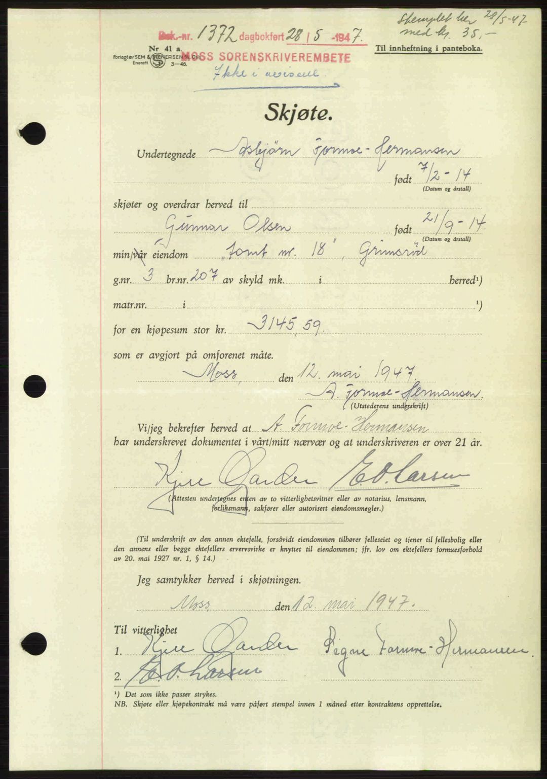 Moss sorenskriveri, SAO/A-10168: Pantebok nr. A17, 1947-1947, Dagboknr: 1372/1947