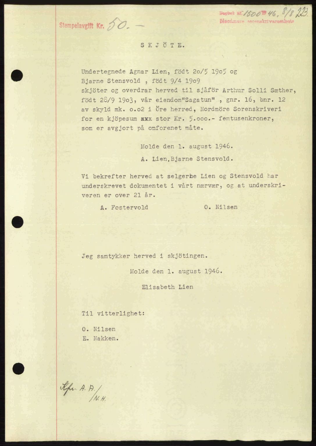 Nordmøre sorenskriveri, SAT/A-4132/1/2/2Ca: Pantebok nr. A102, 1946-1946, Dagboknr: 1500/1946