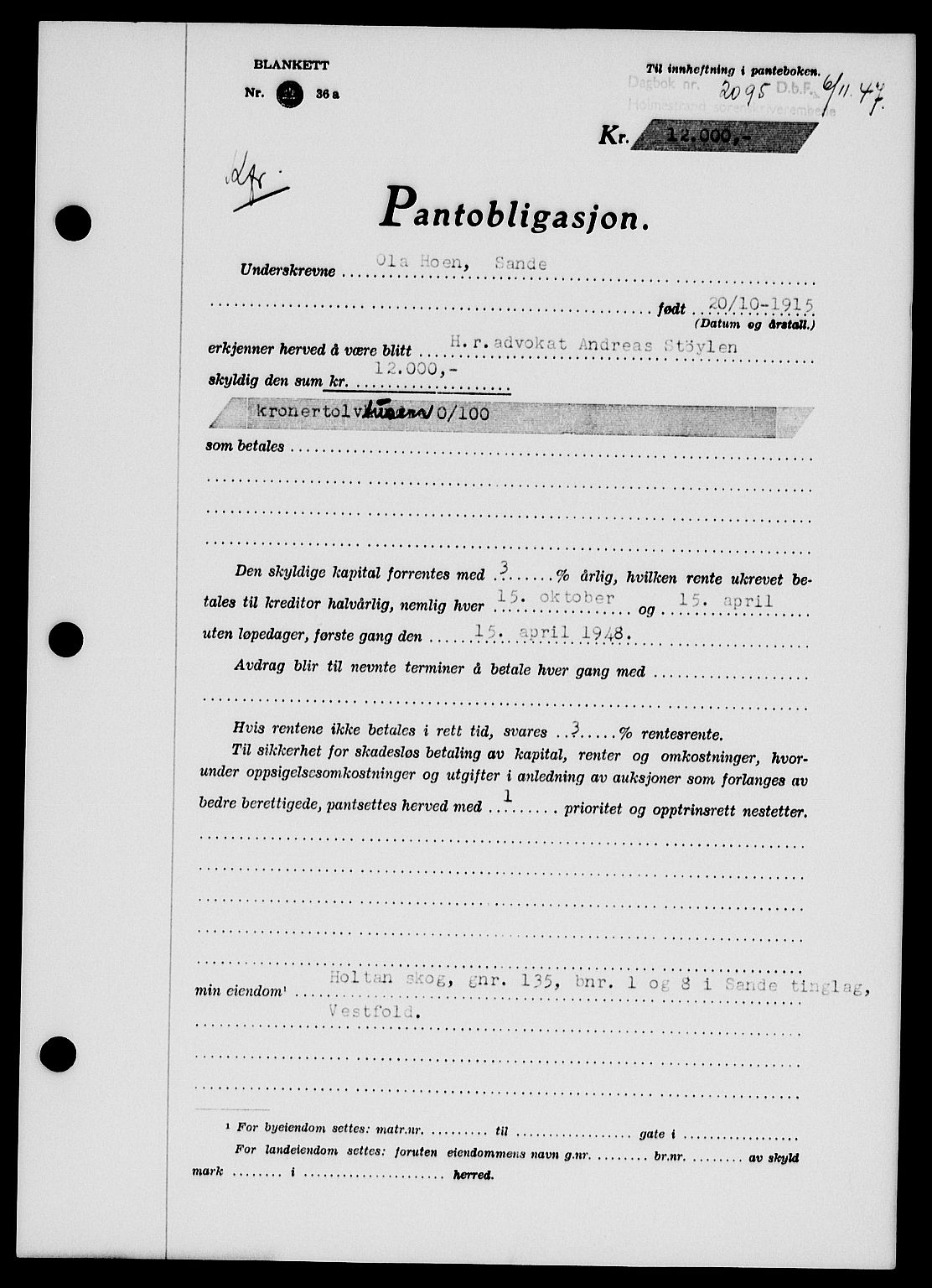Holmestrand sorenskriveri, SAKO/A-67/G/Ga/Gab/L0058: Pantebok nr. B-58, 1947-1948, Dagboknr: 2095/1947