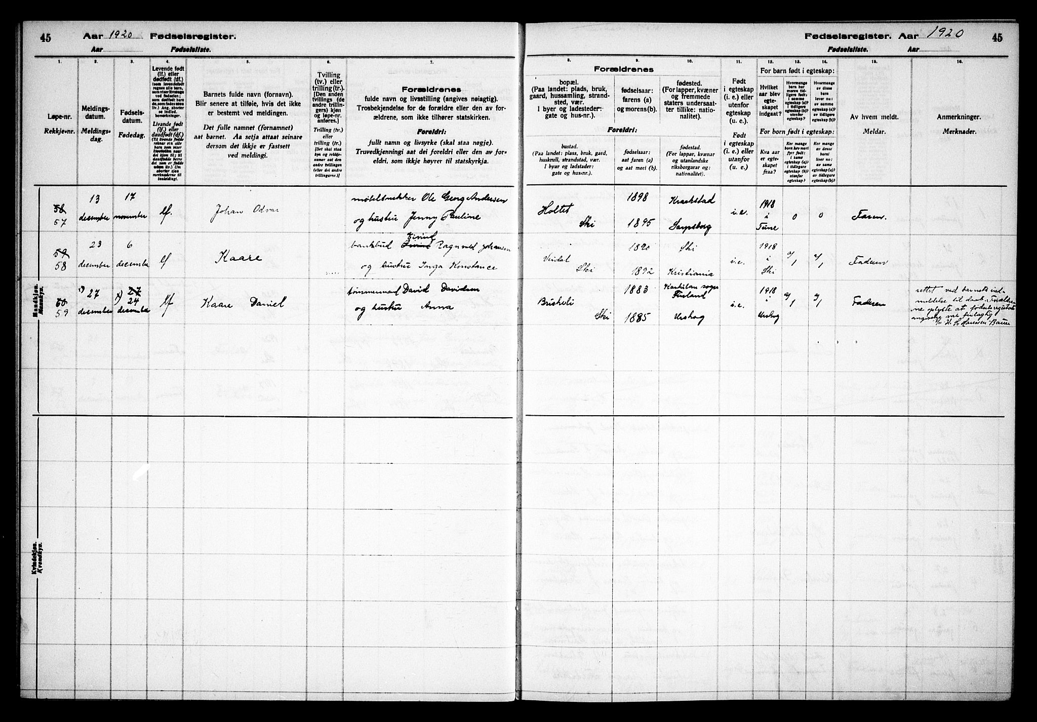 Kråkstad prestekontor Kirkebøker, AV/SAO-A-10125a/J/Jb/L0001: Fødselsregister nr. II 1, 1916-1936, s. 45