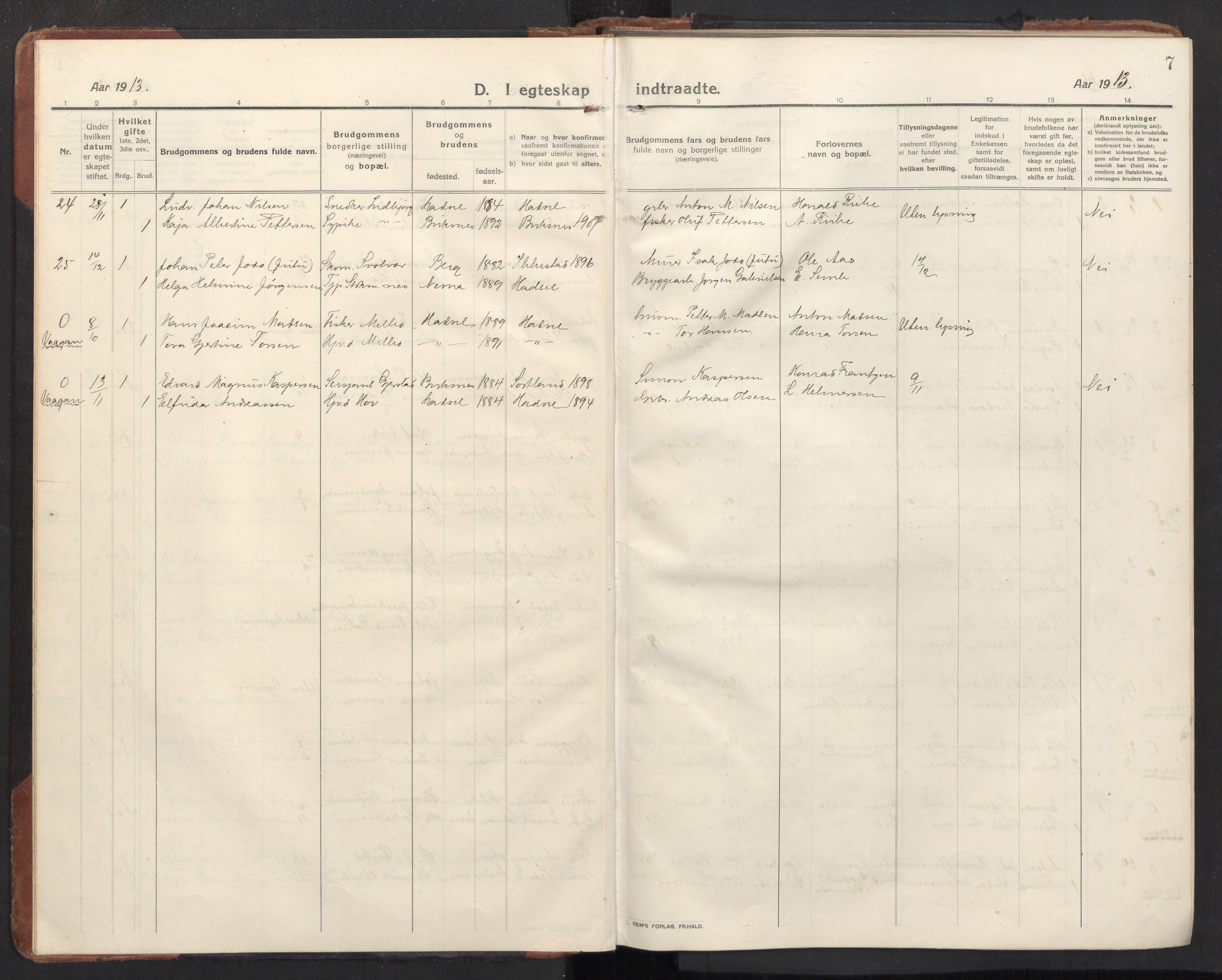 Ministerialprotokoller, klokkerbøker og fødselsregistre - Nordland, AV/SAT-A-1459/888/L1269: Klokkerbok nr. 888C11, 1913-1937, s. 7