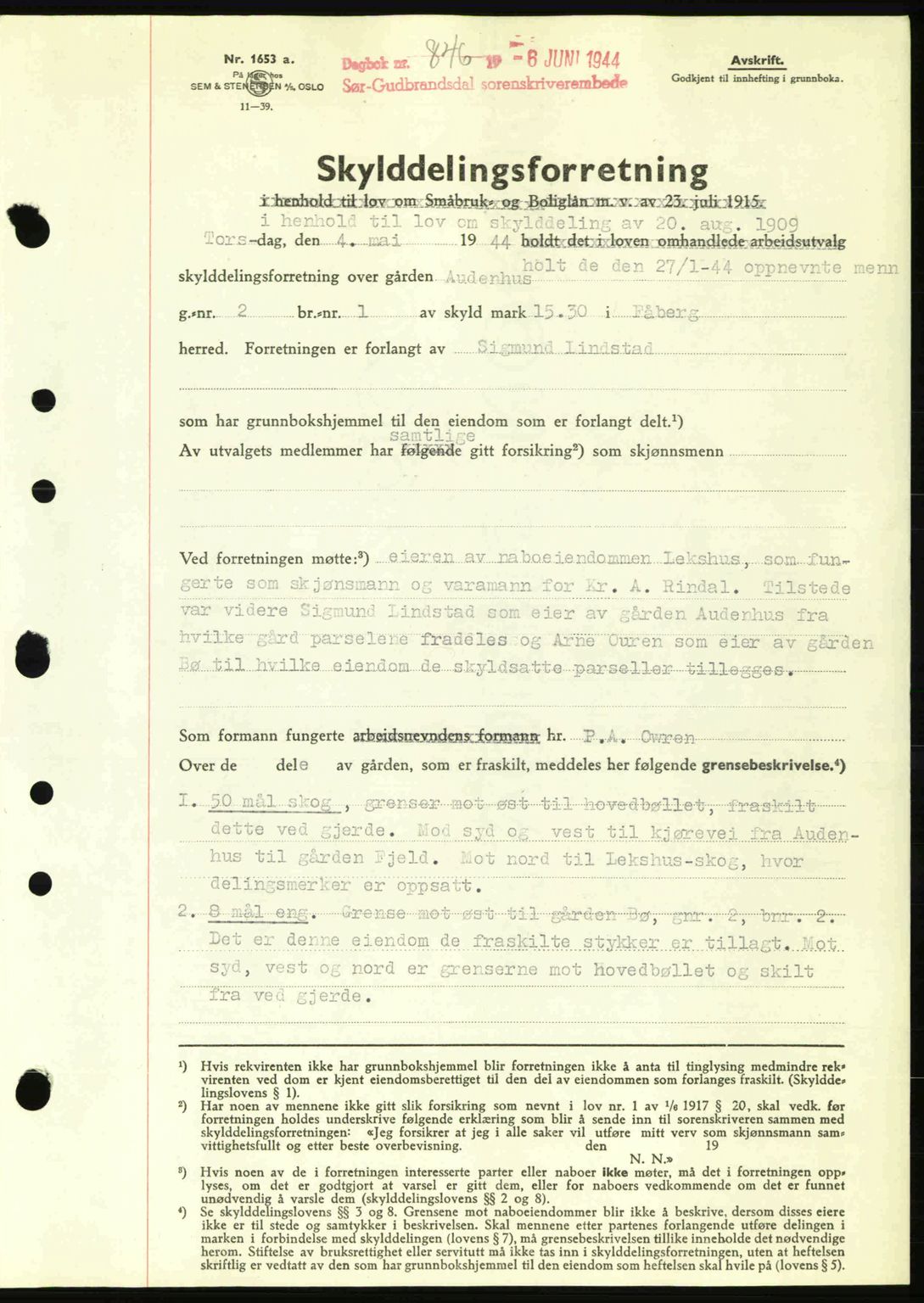 Sør-Gudbrandsdal tingrett, SAH/TING-004/H/Hb/Hbd/L0013: Pantebok nr. A13, 1944-1944, Dagboknr: 846/1944