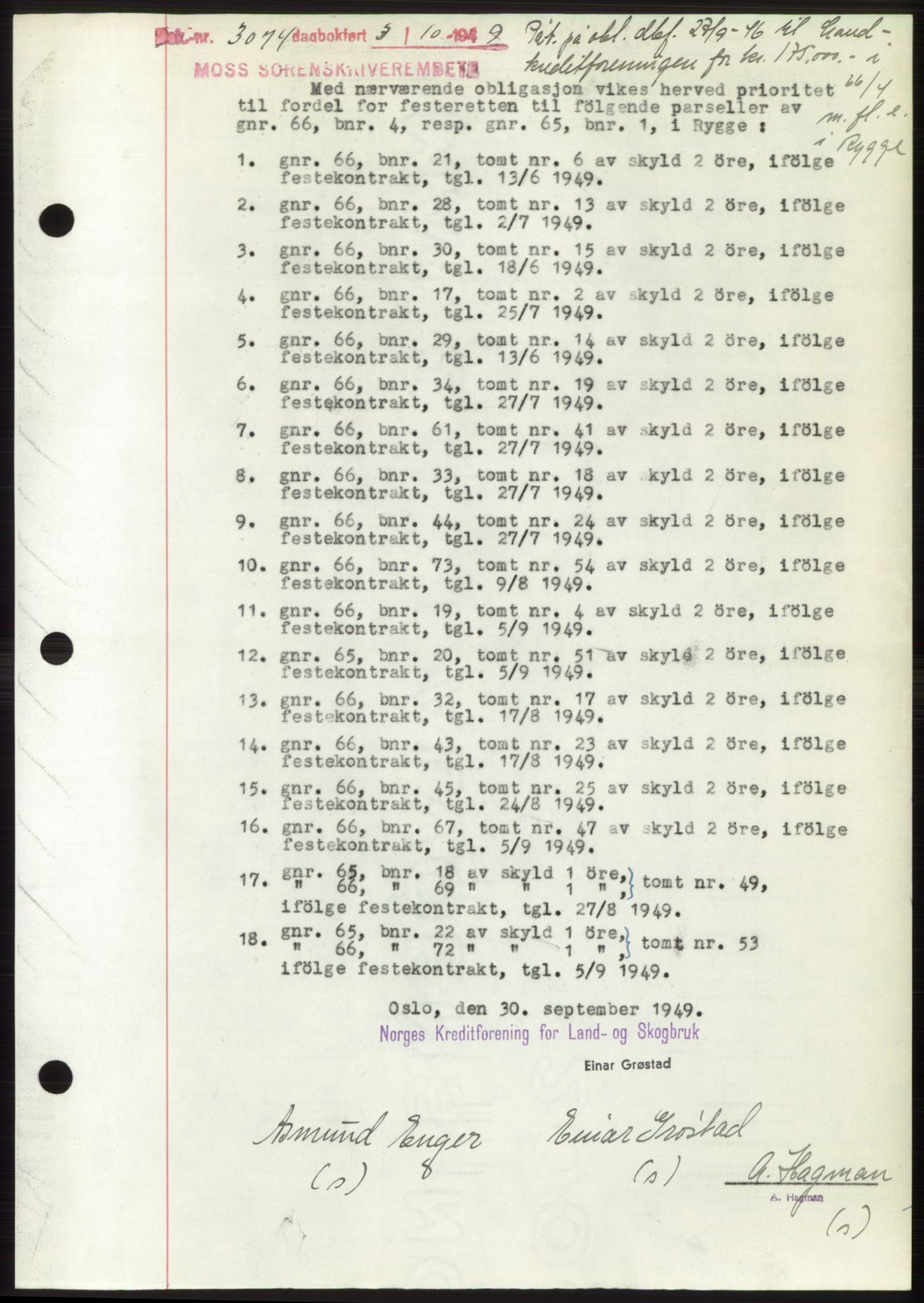 Moss sorenskriveri, SAO/A-10168: Pantebok nr. B22, 1949-1949, Dagboknr: 3074/1949