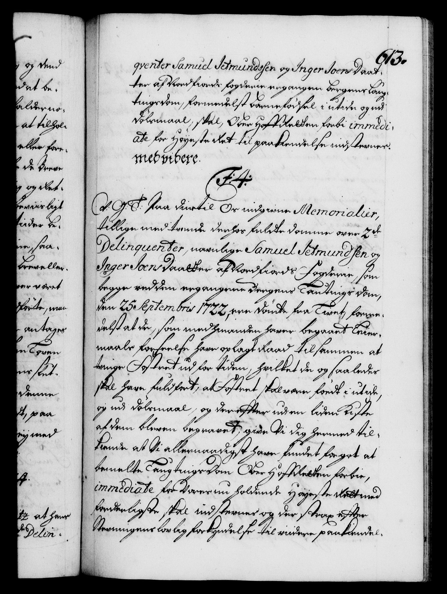 Danske Kanselli 1572-1799, AV/RA-EA-3023/F/Fc/Fca/Fcab/L0022: Norske tegnelser, 1722-1724, s. 613a