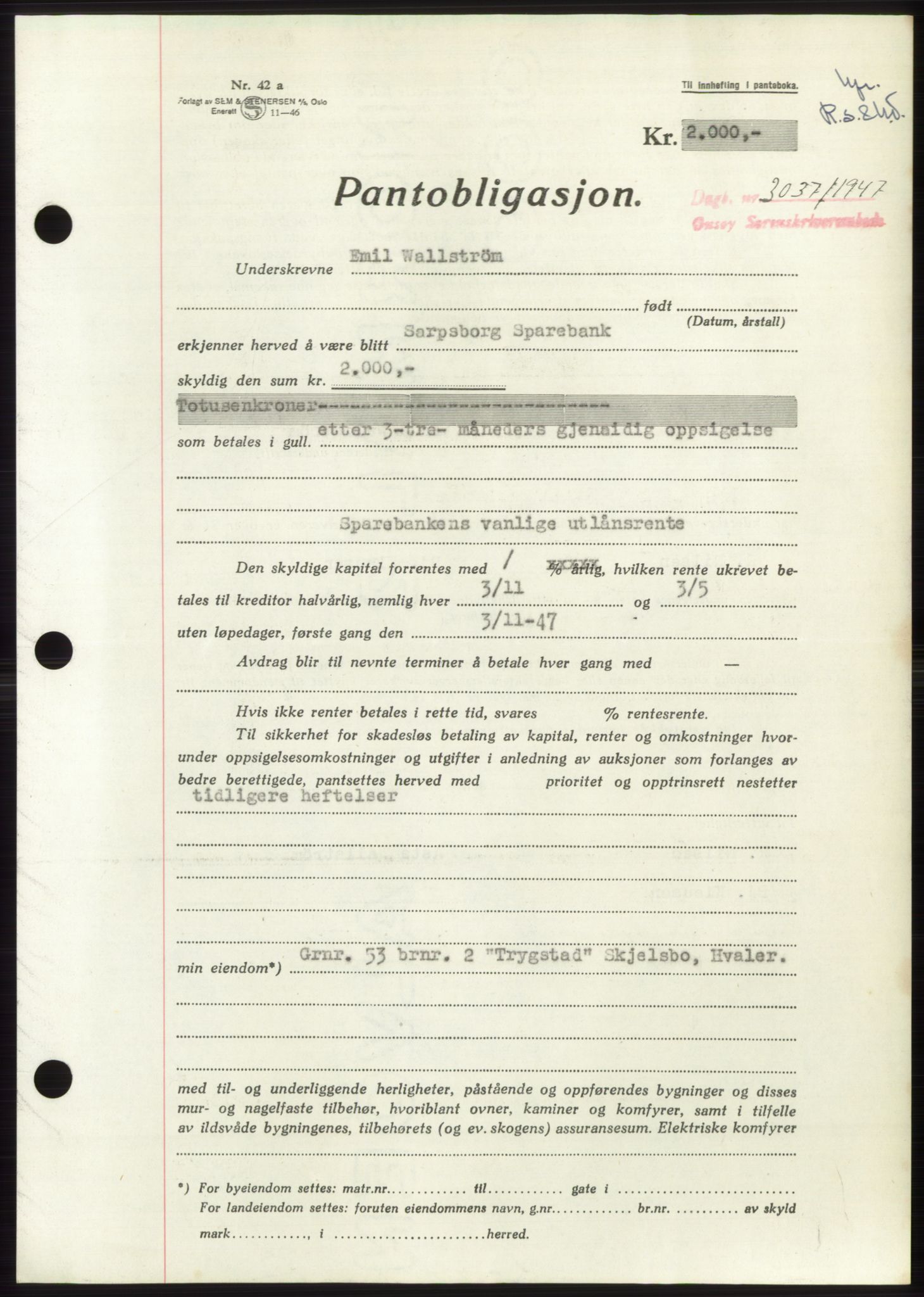 Onsøy sorenskriveri, SAO/A-10474/G/Ga/Gac/L0006: Pantebok nr. B 12-6, 1947-1948, Dagboknr: 3037/1947