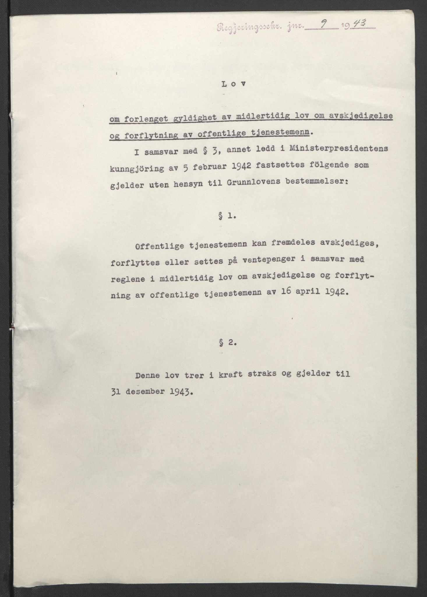 NS-administrasjonen 1940-1945 (Statsrådsekretariatet, de kommisariske statsråder mm), RA/S-4279/D/Db/L0099: Lover, 1943, s. 16
