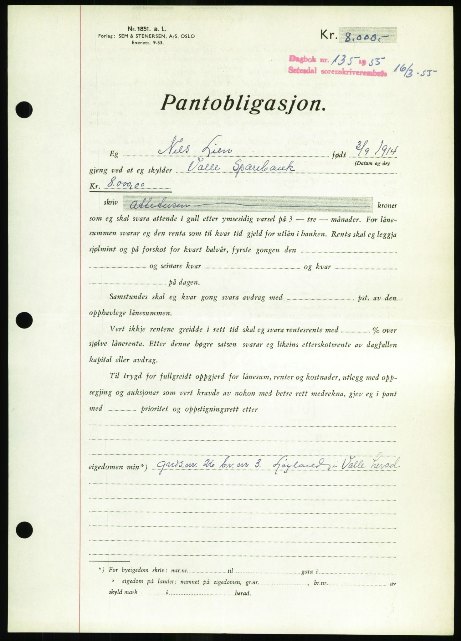 Setesdal sorenskriveri, SAK/1221-0011/G/Gb/L0052: Pantebok nr. B 40, 1954-1955, Dagboknr: 135/1955