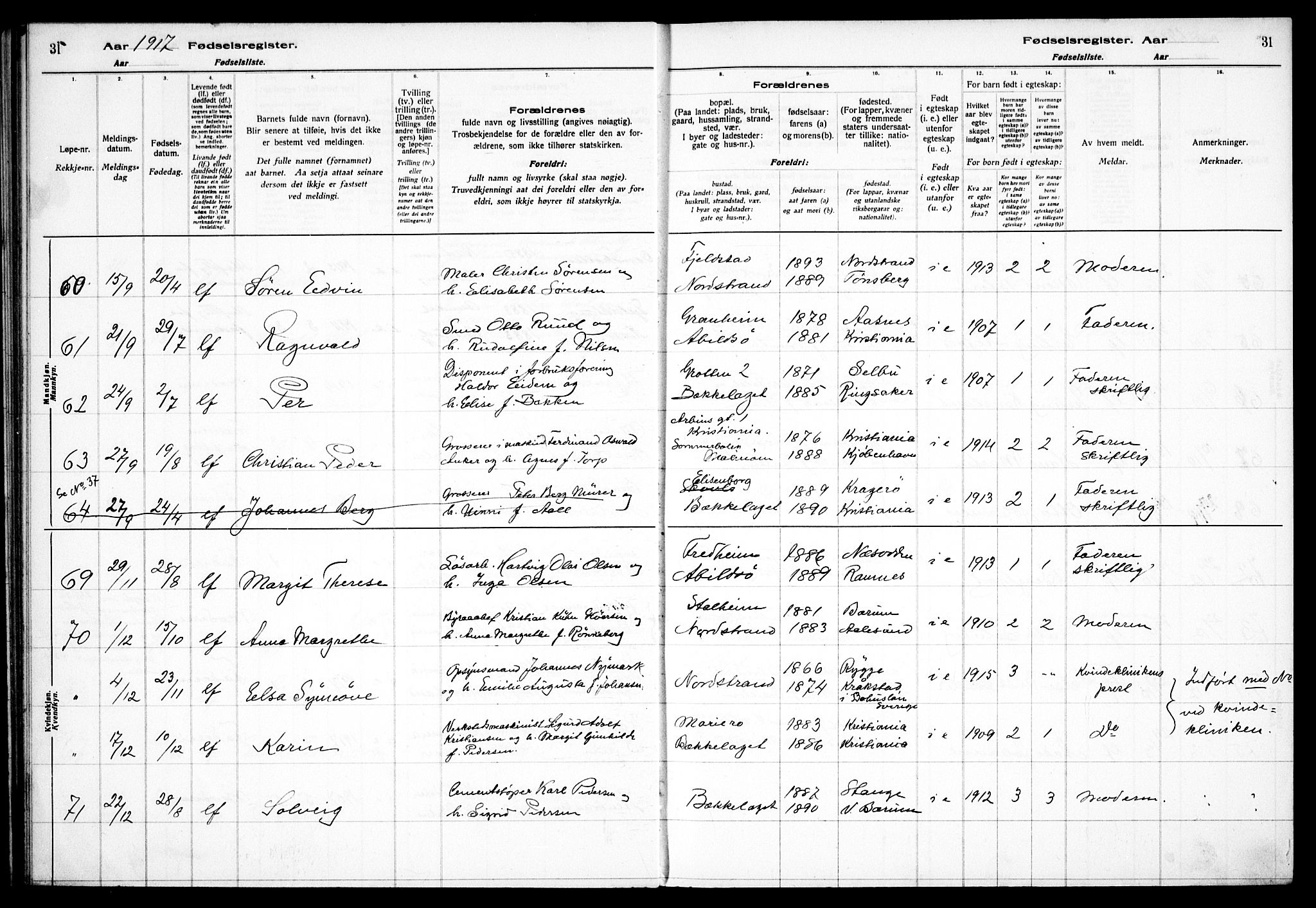 Nordstrand prestekontor Kirkebøker, AV/SAO-A-10362a/J/Ja/L0001: Fødselsregister nr. I 1, 1916-1924, s. 31
