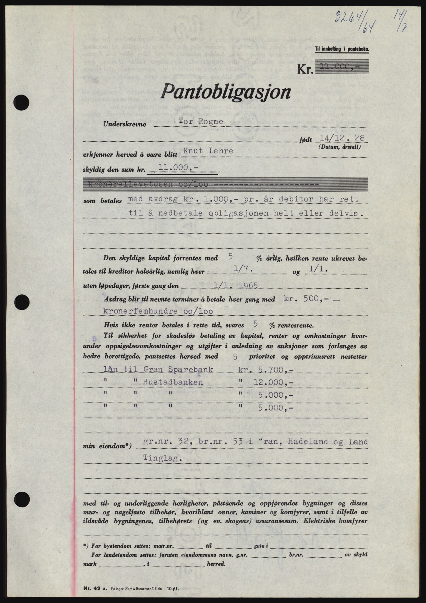 Hadeland og Land tingrett, SAH/TING-010/H/Hb/Hbc/L0055: Pantebok nr. B55, 1964-1964, Dagboknr: 3264/1964