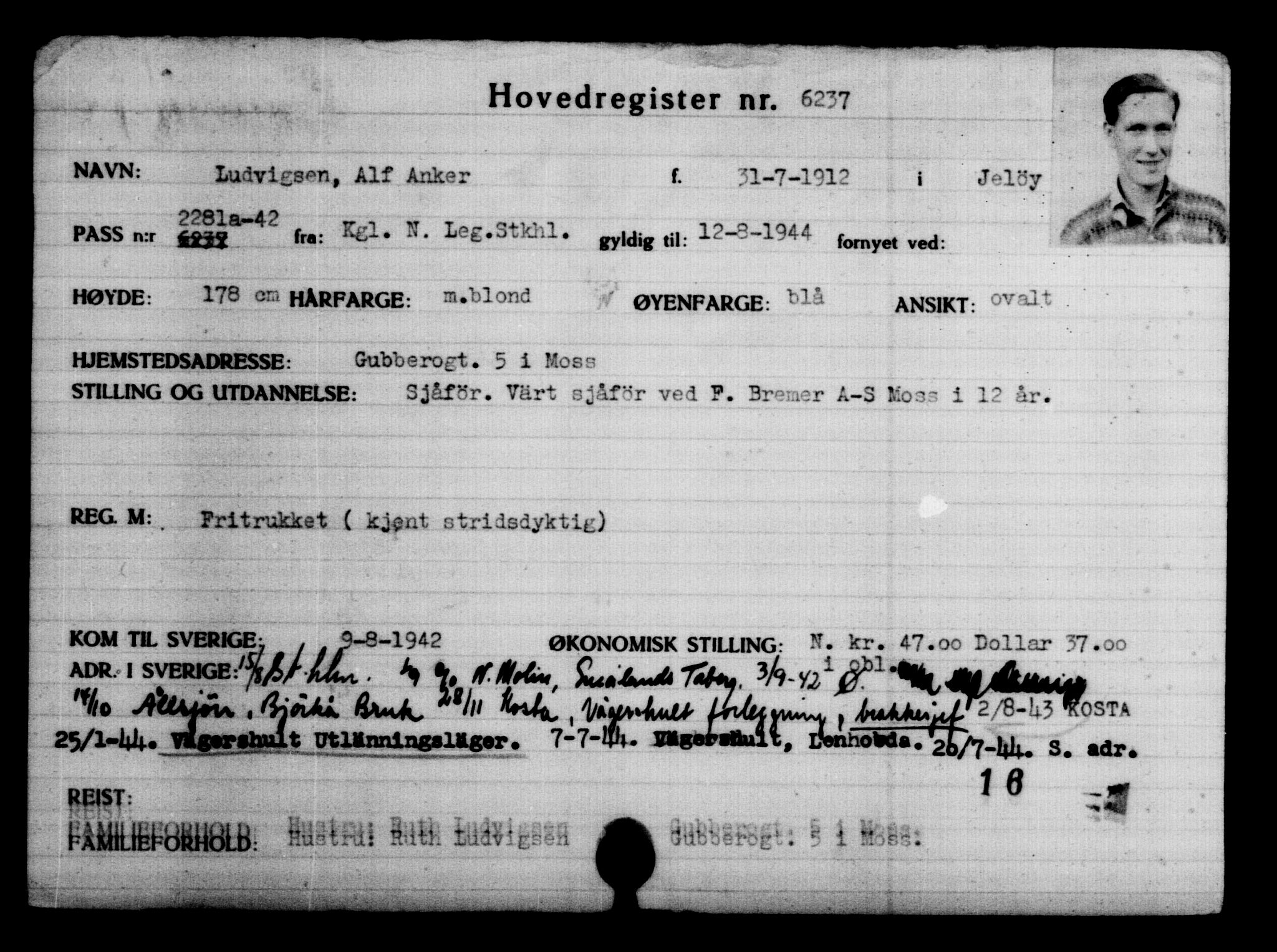 Utenriksstasjonene, Legasjonen i Stockholm, Flyktningkontoret, AV/RA-S-6753/V/Va/L0004: Kjesäterkartoteket, flyktninger med registreringsnr. 3496-6610, 1940-1945, s. 3224