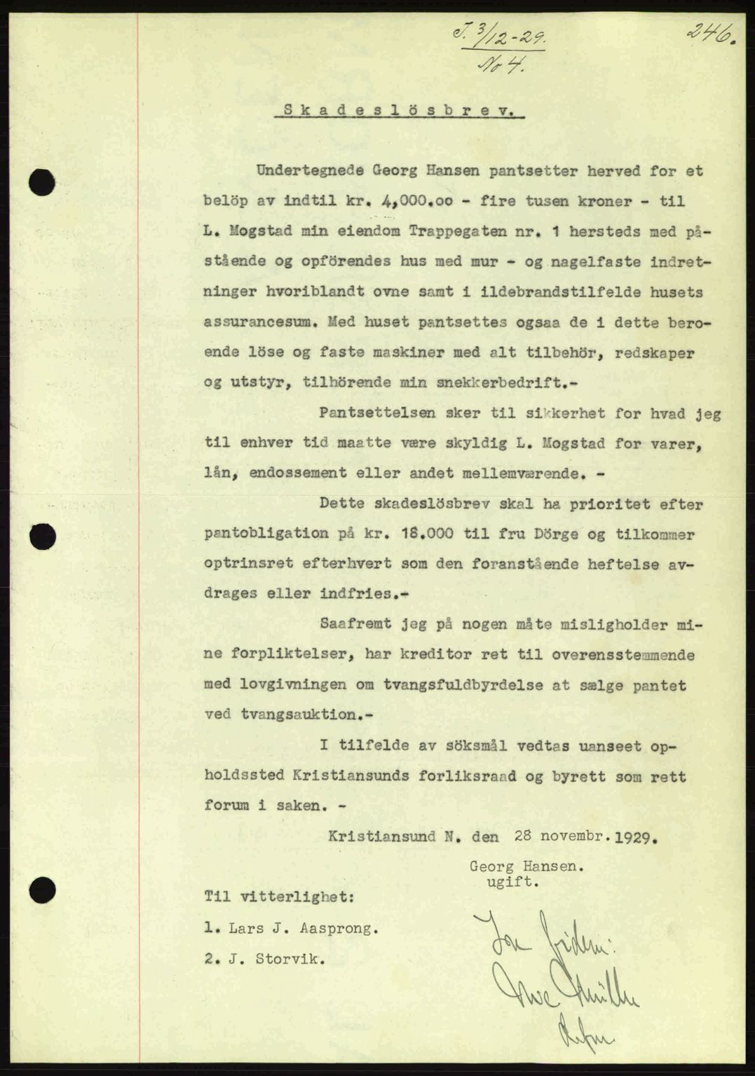 Kristiansund byfogd, AV/SAT-A-4587/A/27: Pantebok nr. 23, 1929-1930, Tingl.dato: 03.12.1929