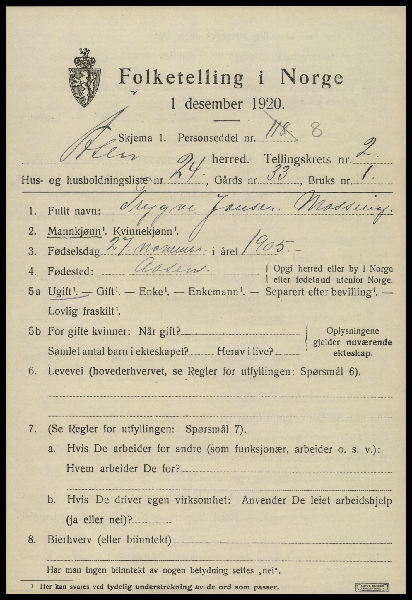 SAT, Folketelling 1920 for 1716 Åsen herred, 1920, s. 1942