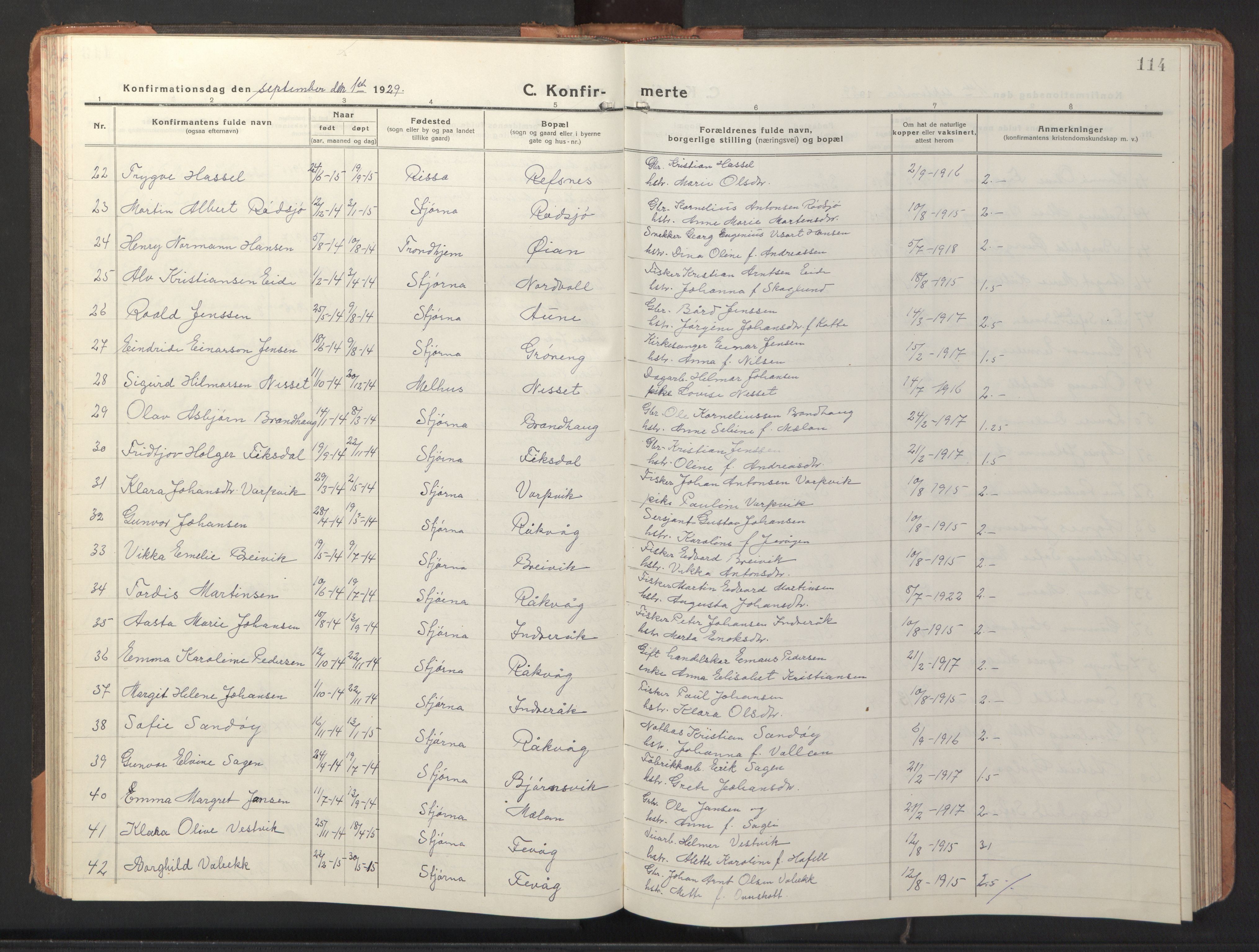 Ministerialprotokoller, klokkerbøker og fødselsregistre - Sør-Trøndelag, AV/SAT-A-1456/653/L0658: Klokkerbok nr. 653C02, 1919-1947, s. 114