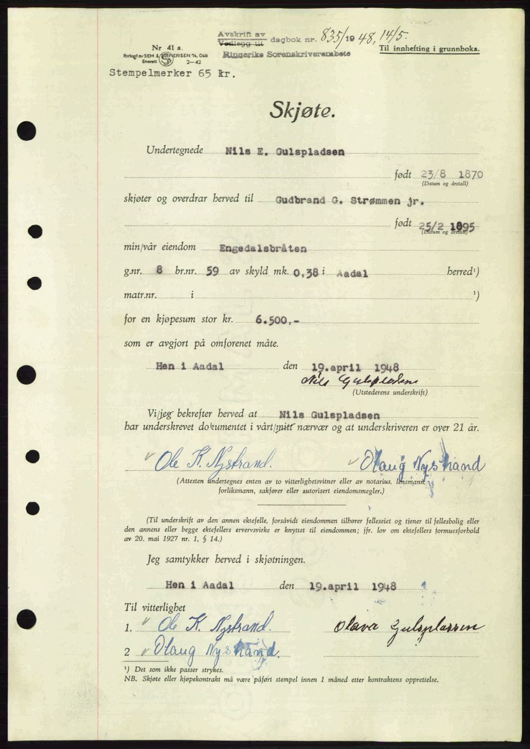 Ringerike sorenskriveri, SAKO/A-105/G/Ga/Gab/L0088: Pantebok nr. A-19, 1948-1948, Dagboknr: 835/1948