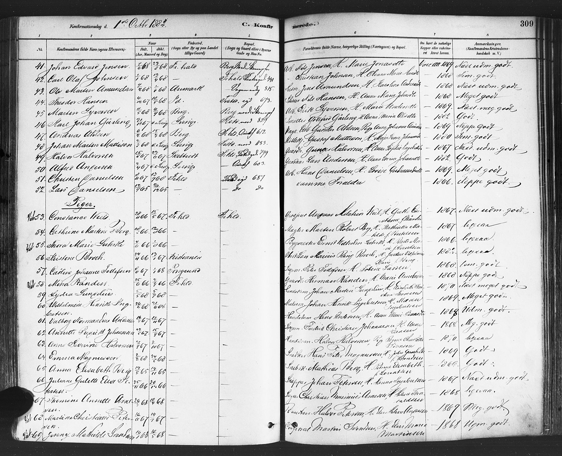 Halden prestekontor Kirkebøker, AV/SAO-A-10909/F/Fa/L0011: Ministerialbok nr. I 11, 1878-1889, s. 309