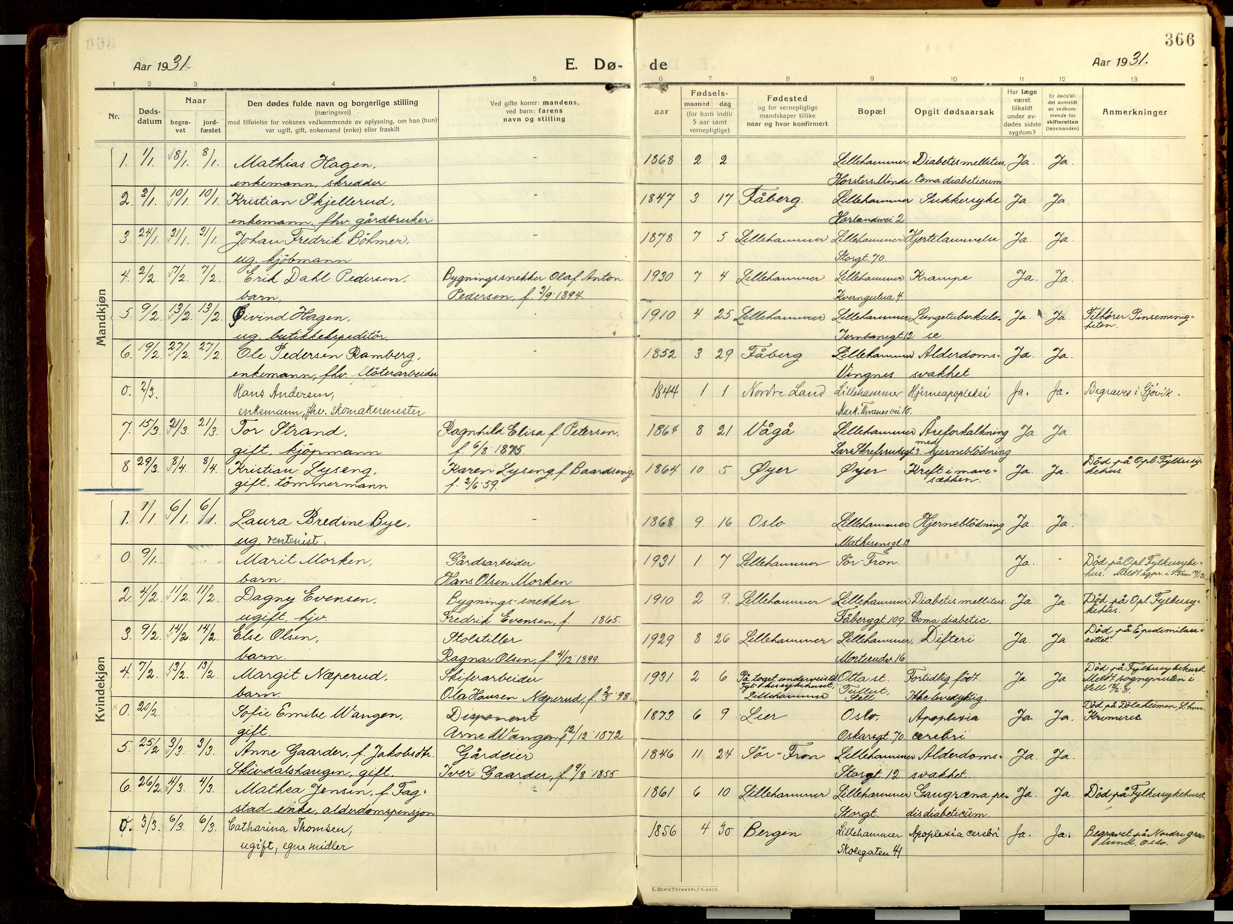 Lillehammer prestekontor, AV/SAH-PREST-088/H/Ha/Haa/L0002: Ministerialbok nr. 2, 1917-1932, s. 366