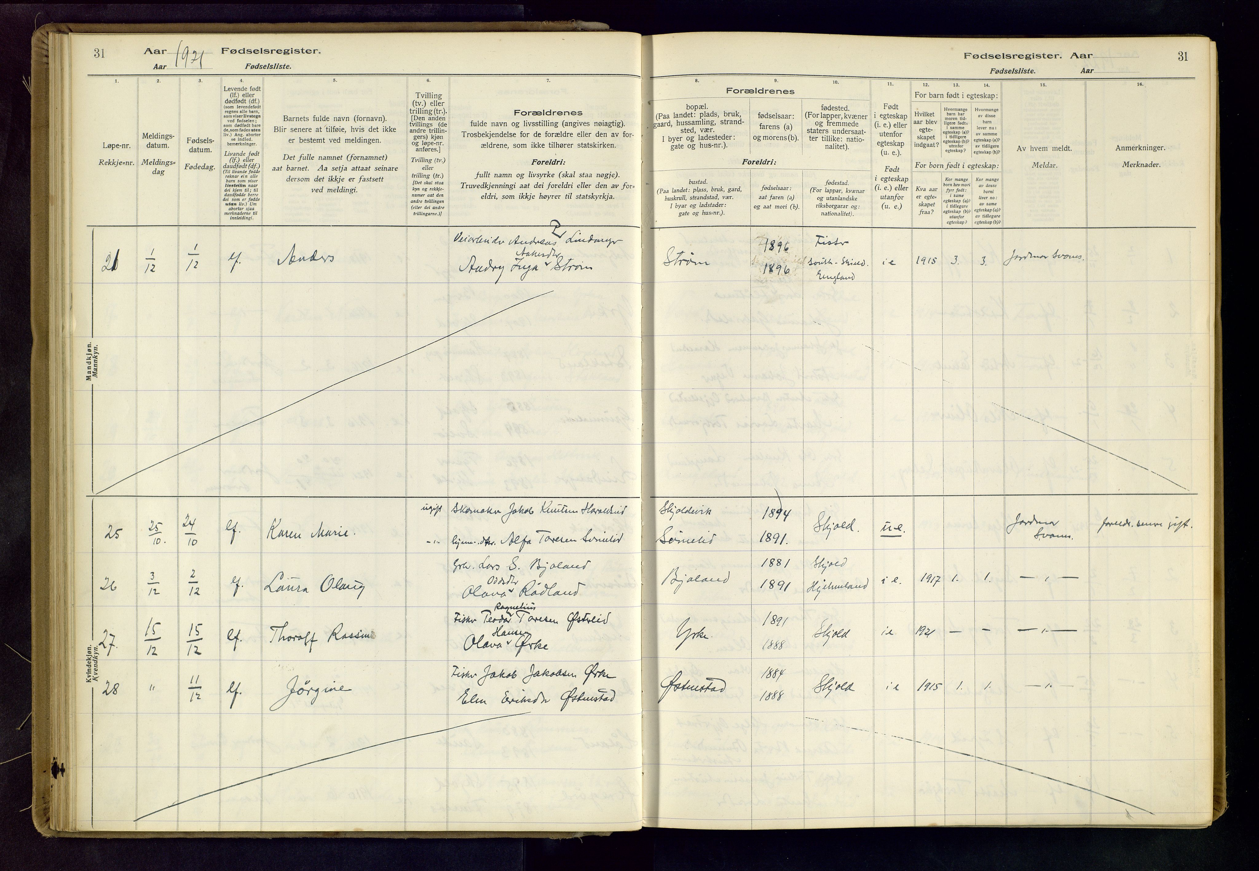 Skjold sokneprestkontor, AV/SAST-A-101847/I/Id/L0001: Fødselsregister nr. 1, 1917-1951, s. 31