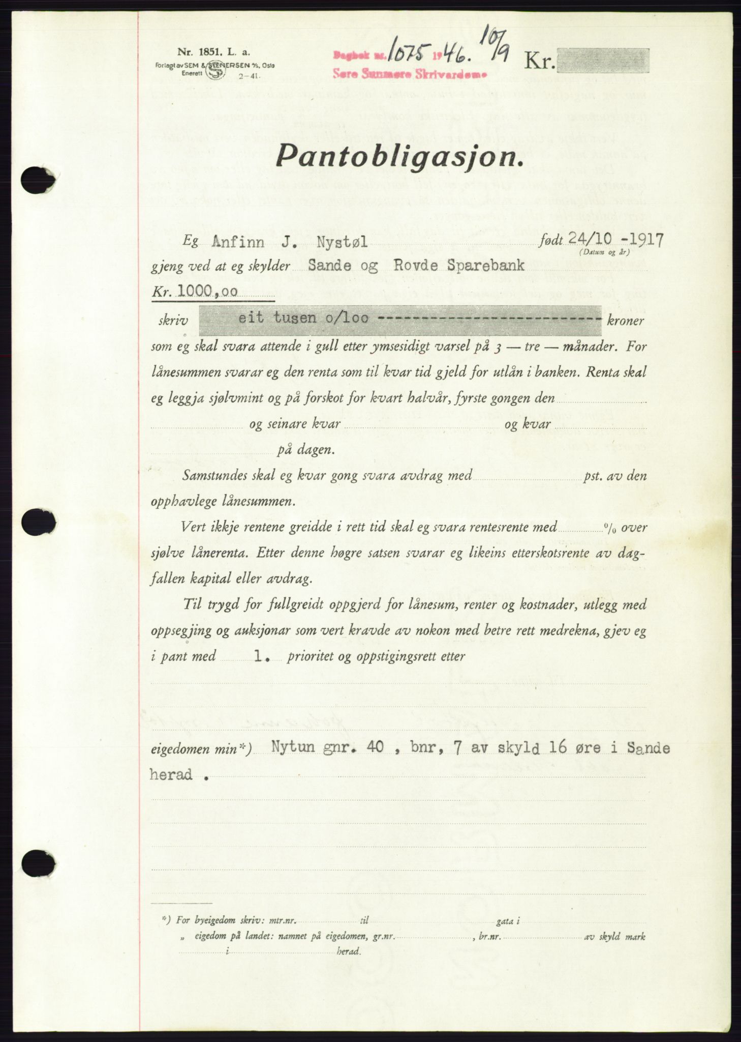 Søre Sunnmøre sorenskriveri, AV/SAT-A-4122/1/2/2C/L0114: Pantebok nr. 1-2B, 1943-1947, Dagboknr: 1075/1946