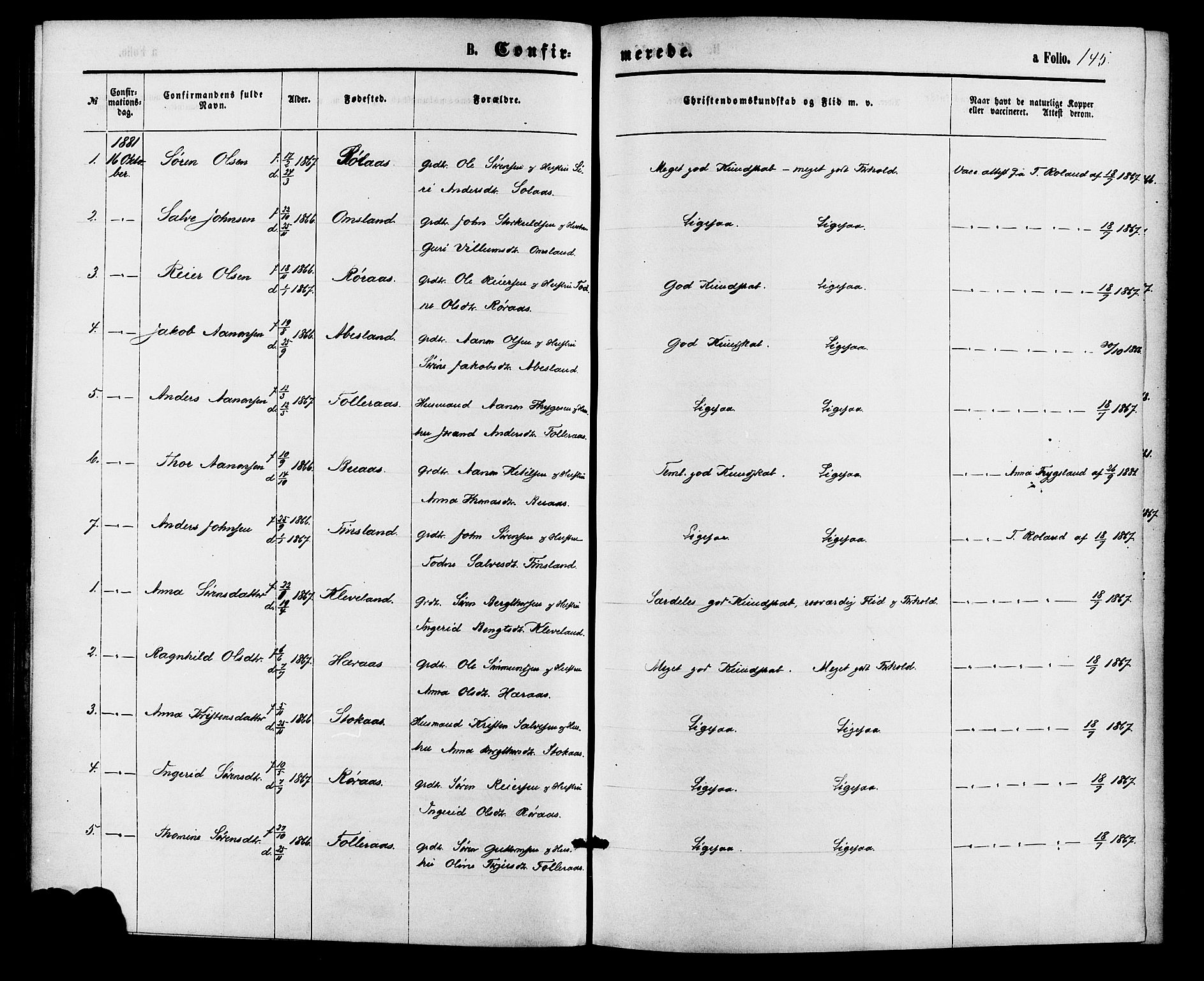 Bjelland sokneprestkontor, SAK/1111-0005/F/Fa/Fab/L0003: Ministerialbok nr. A 3, 1870-1887, s. 145