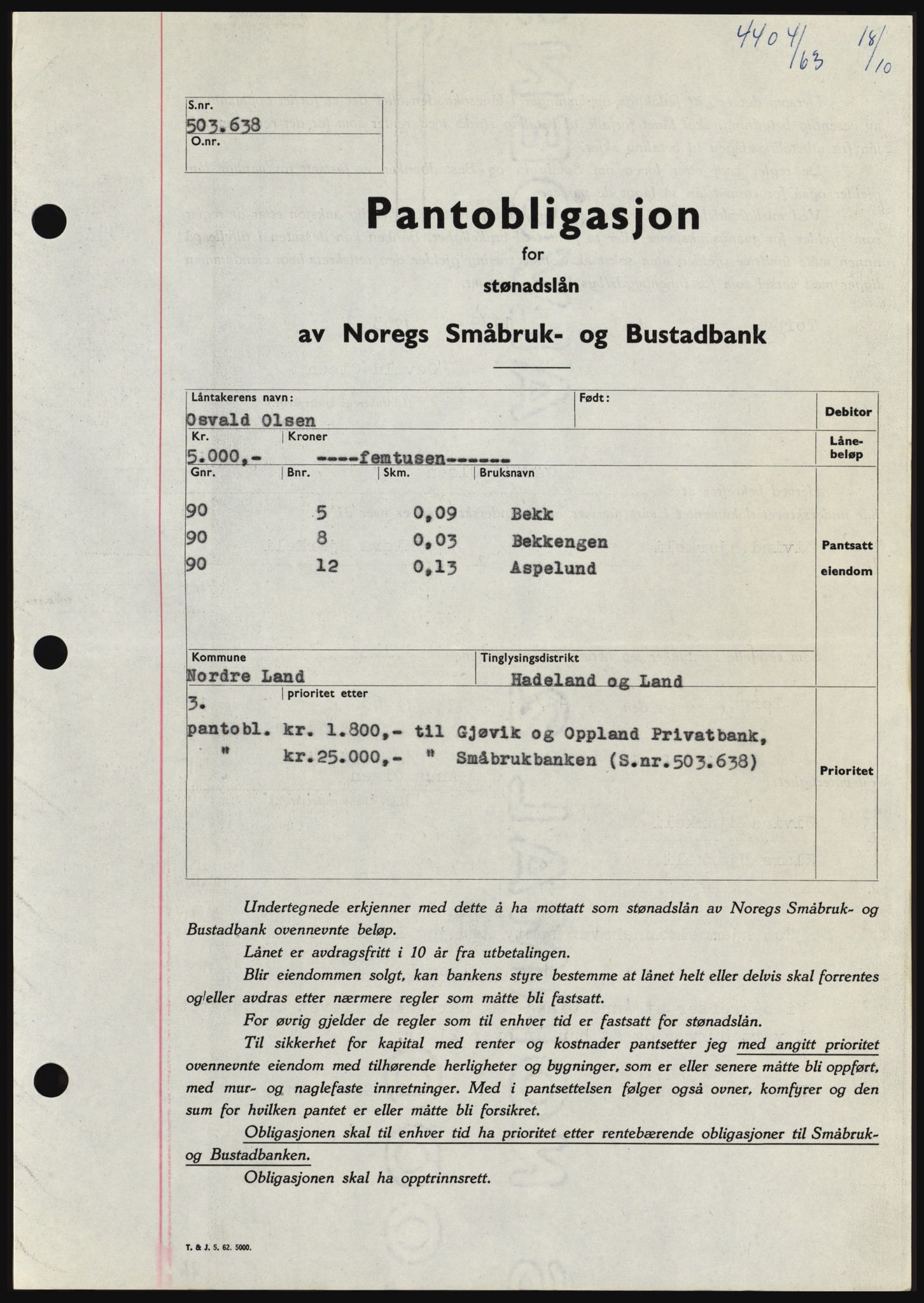 Hadeland og Land tingrett, SAH/TING-010/H/Hb/Hbc/L0053: Pantebok nr. B53, 1963-1964, Dagboknr: 4404/1963