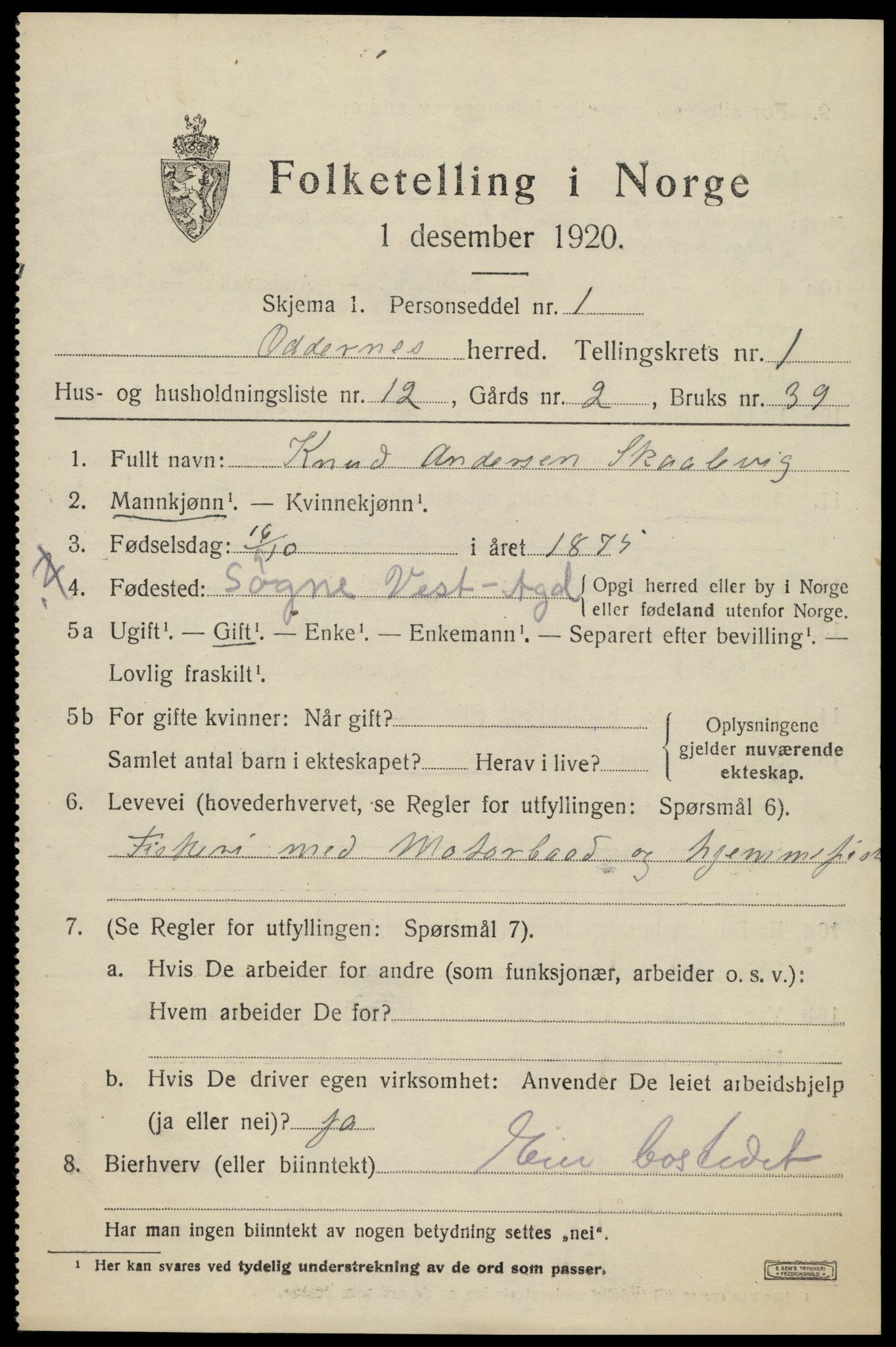 SAK, Folketelling 1920 for 1012 Oddernes herred, 1920, s. 2145