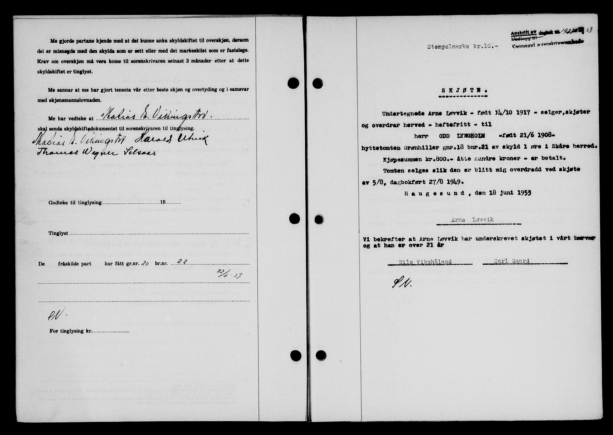 Karmsund sorenskriveri, SAST/A-100311/01/II/IIB/L0109: Pantebok nr. 89A, 1953-1953, Dagboknr: 1933/1953
