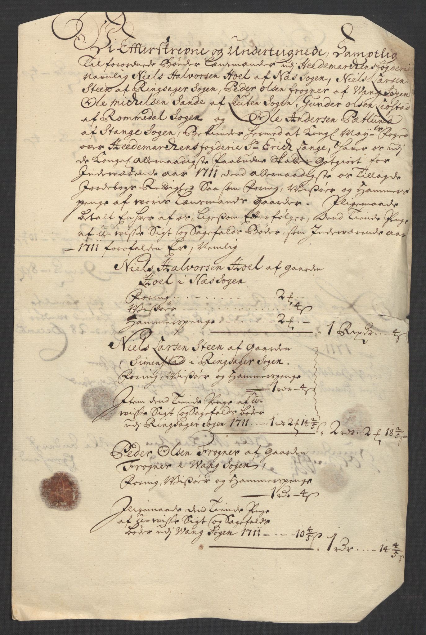 Rentekammeret inntil 1814, Reviderte regnskaper, Fogderegnskap, RA/EA-4092/R16/L1048: Fogderegnskap Hedmark, 1711, s. 72
