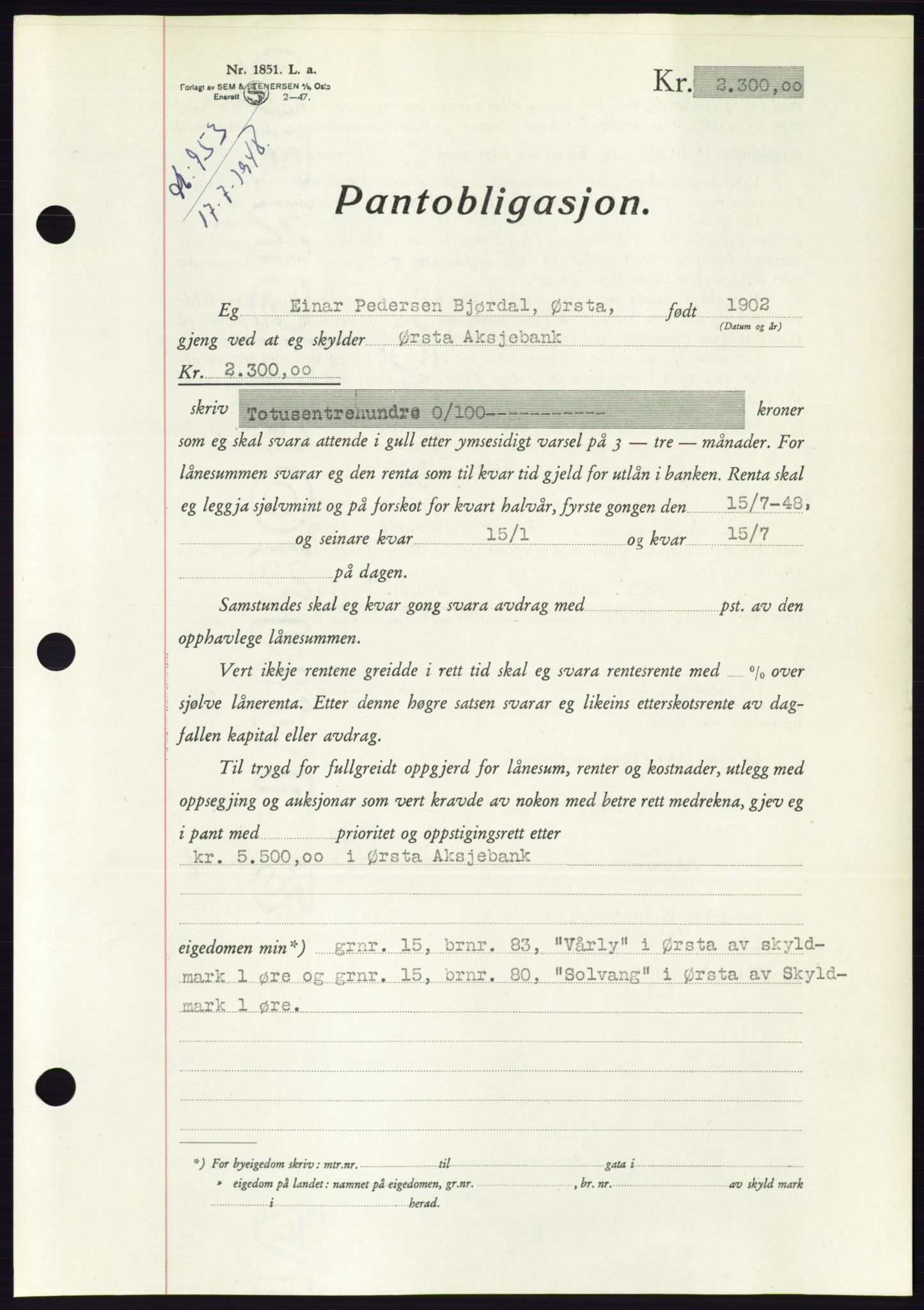 Søre Sunnmøre sorenskriveri, AV/SAT-A-4122/1/2/2C/L0116: Pantebok nr. 4B, 1948-1949, Dagboknr: 953/1948