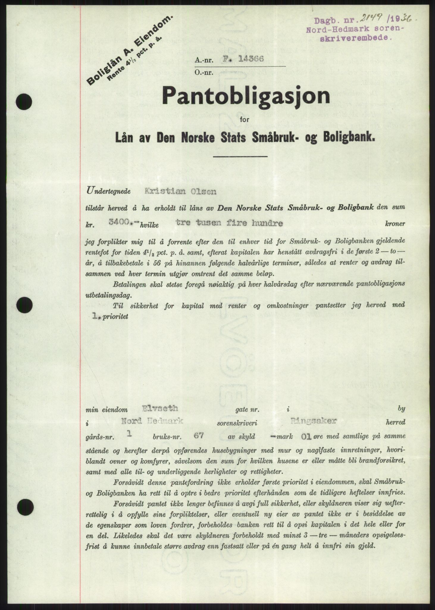 Nord-Hedmark sorenskriveri, SAH/TING-012/H/Hb/Hbf/L0001: Pantebok nr. B1, 1936-1936, Dagboknr: 2149/1936