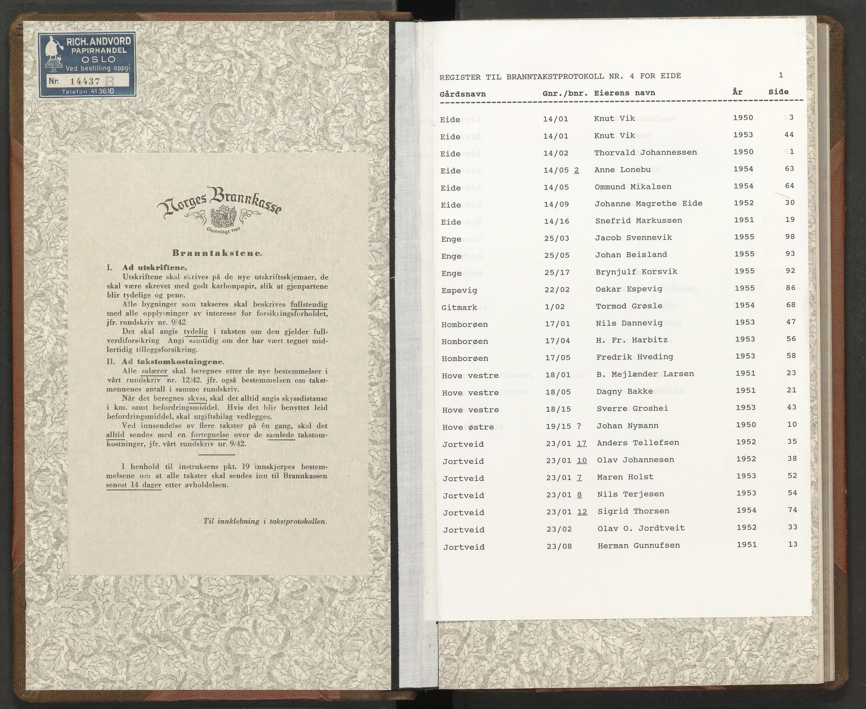 Norges Brannkasse Eide, AV/SAK-2241-0009/F/Fa/L0004: Branntakstprotokoll nr. 4 med gårdsnavnregister, 1950-1955