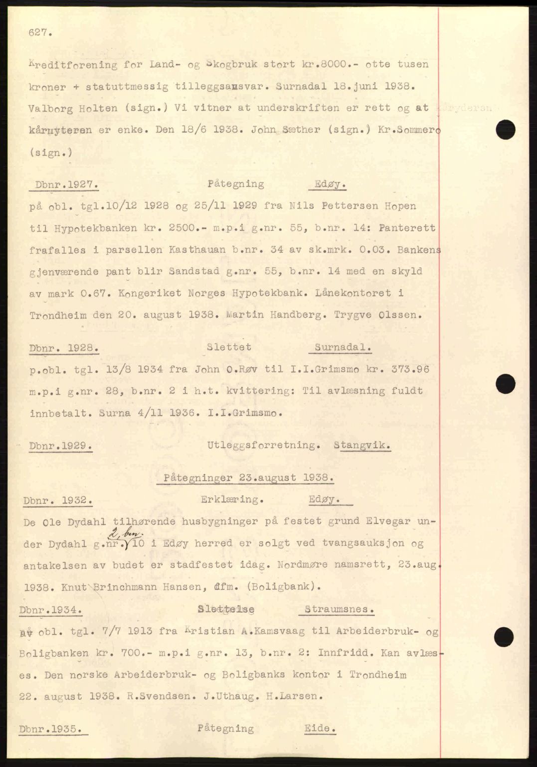 Nordmøre sorenskriveri, SAT/A-4132/1/2/2Ca: Pantebok nr. C80, 1936-1939, Dagboknr: 1927/1938