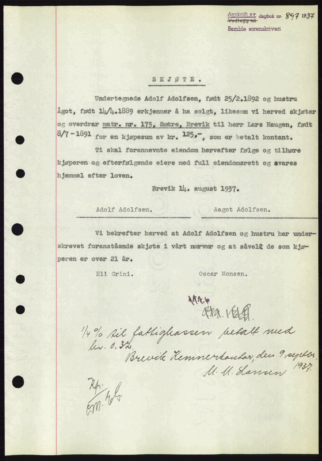 Bamble sorenskriveri, AV/SAKO-A-214/G/Ga/Gag/L0002: Pantebok nr. A-2, 1937-1938, Dagboknr: 897/1937