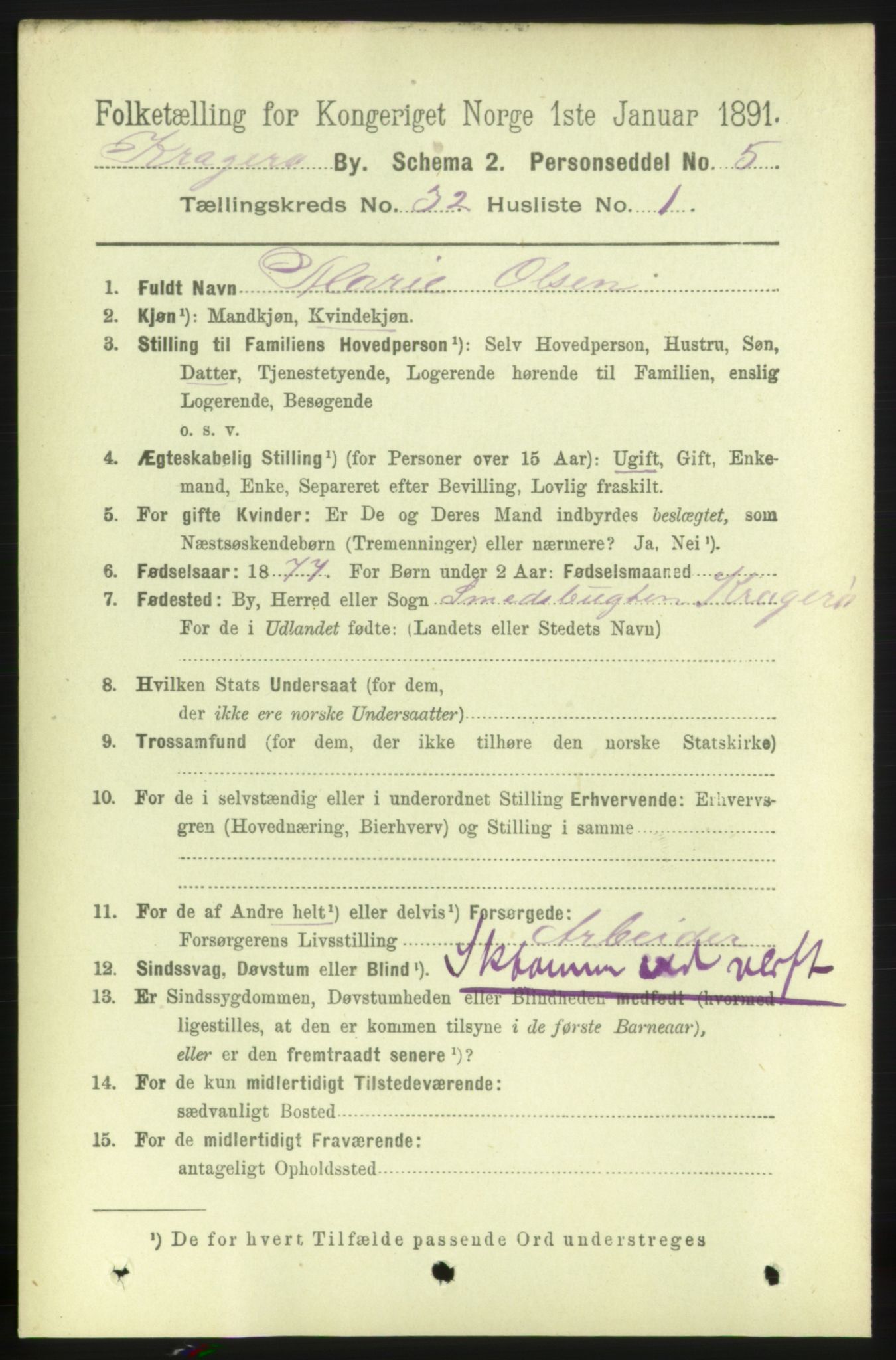 RA, Folketelling 1891 for 0801 Kragerø kjøpstad, 1891, s. 5791