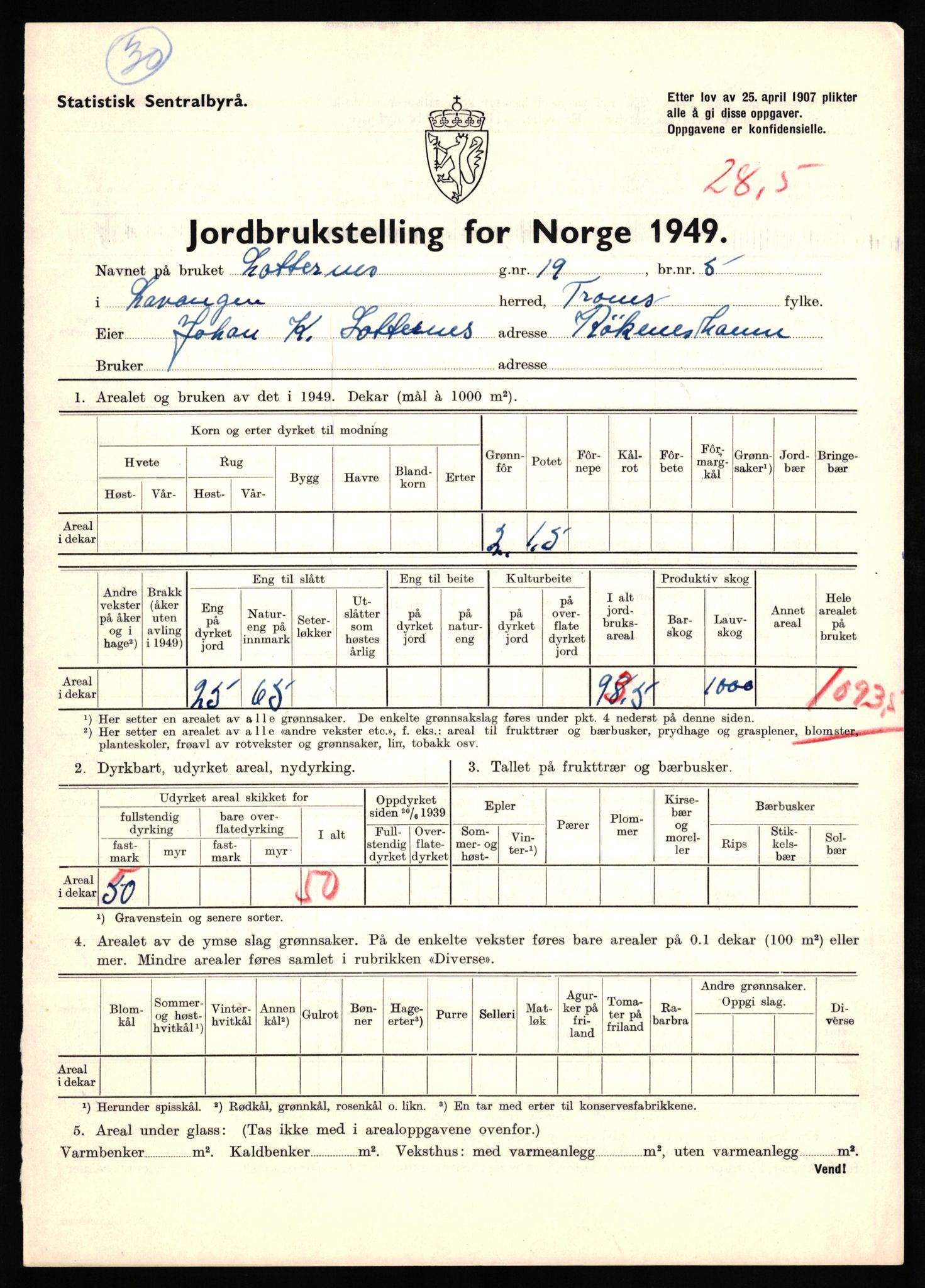 Statistisk sentralbyrå, Næringsøkonomiske emner, Jordbruk, skogbruk, jakt, fiske og fangst, AV/RA-S-2234/G/Gc/L0437: Troms: Gratangen og Lavangen, 1949, s. 588