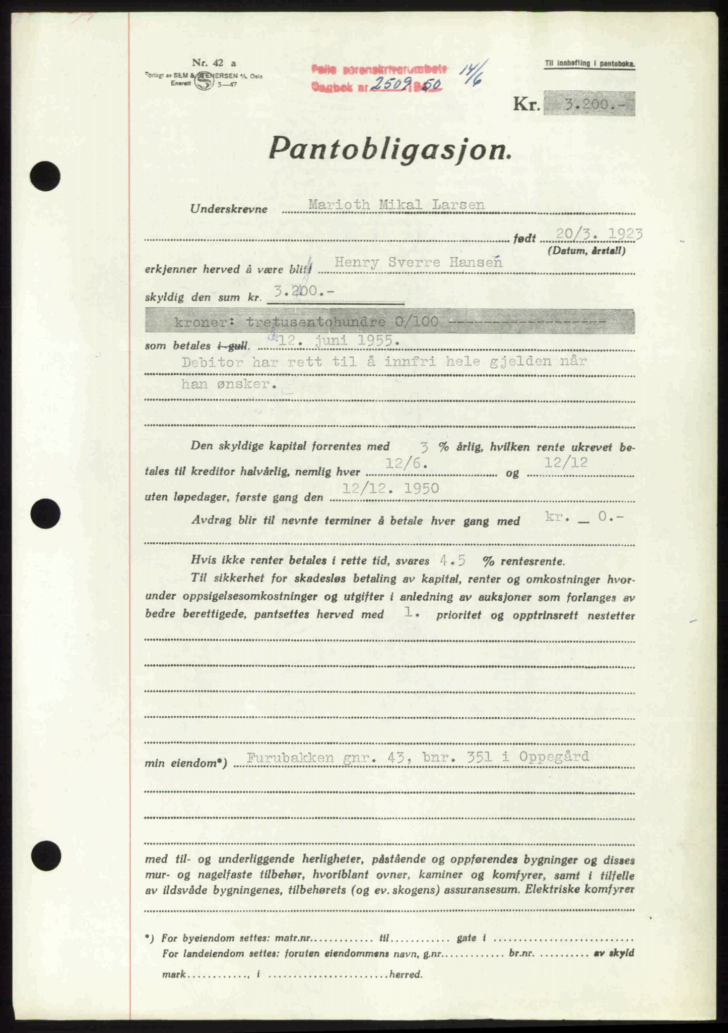 Follo sorenskriveri, SAO/A-10274/G/Ga/Gaa/L0092: Pantebok nr. I 92, 1950-1950, Dagboknr: 2509/1950