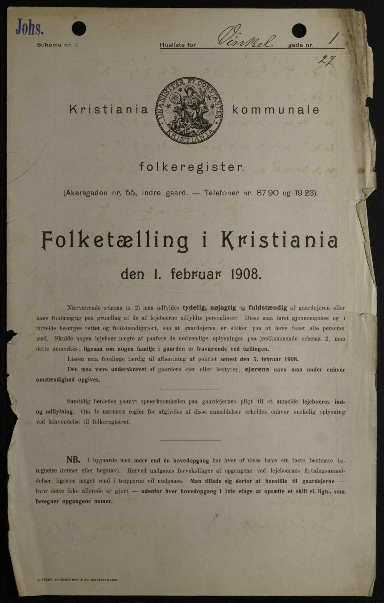 OBA, Kommunal folketelling 1.2.1908 for Kristiania kjøpstad, 1908, s. 111071
